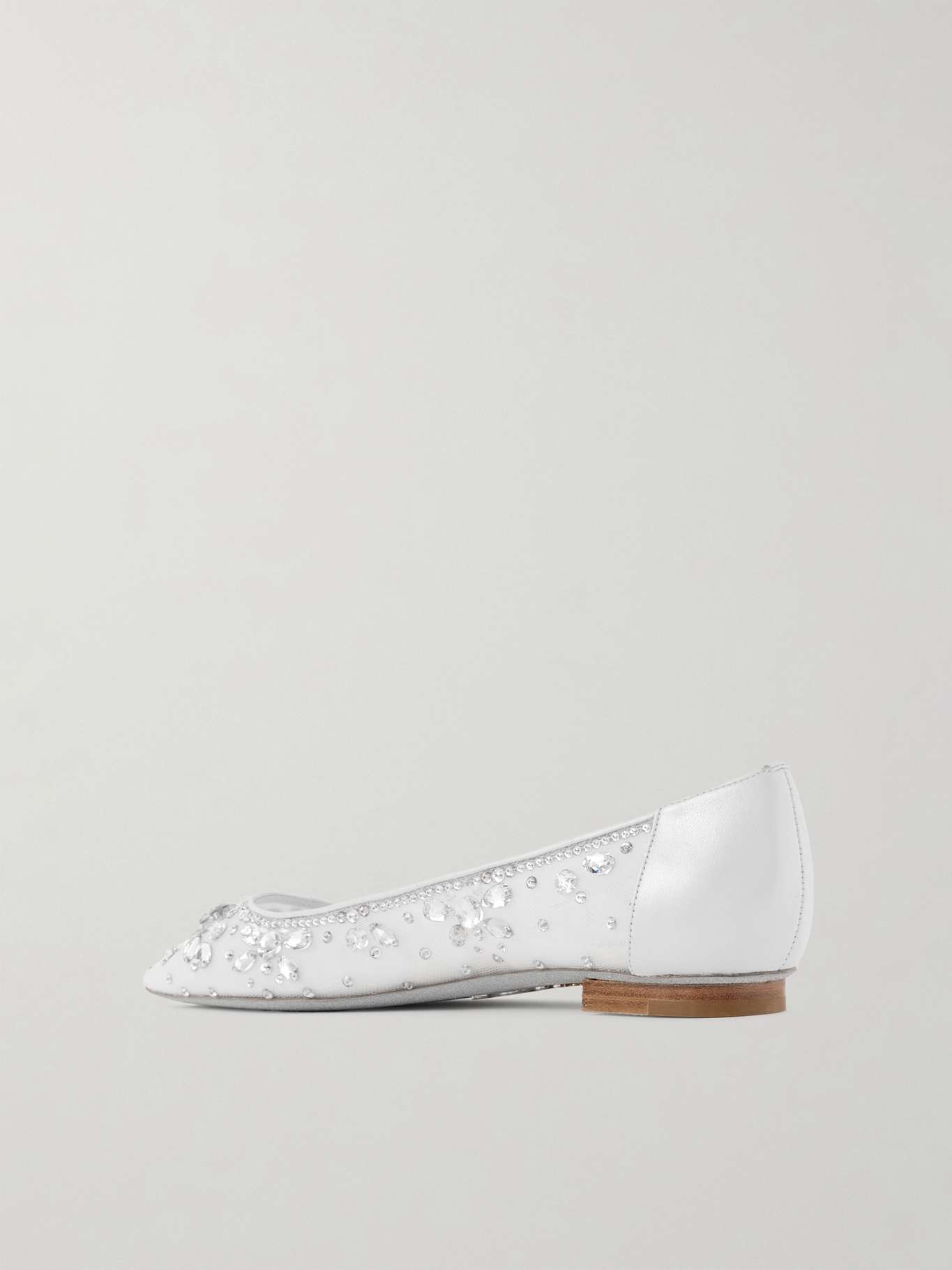 Leather-trimmed crystal-embellished tulle point-toe flats White - 3