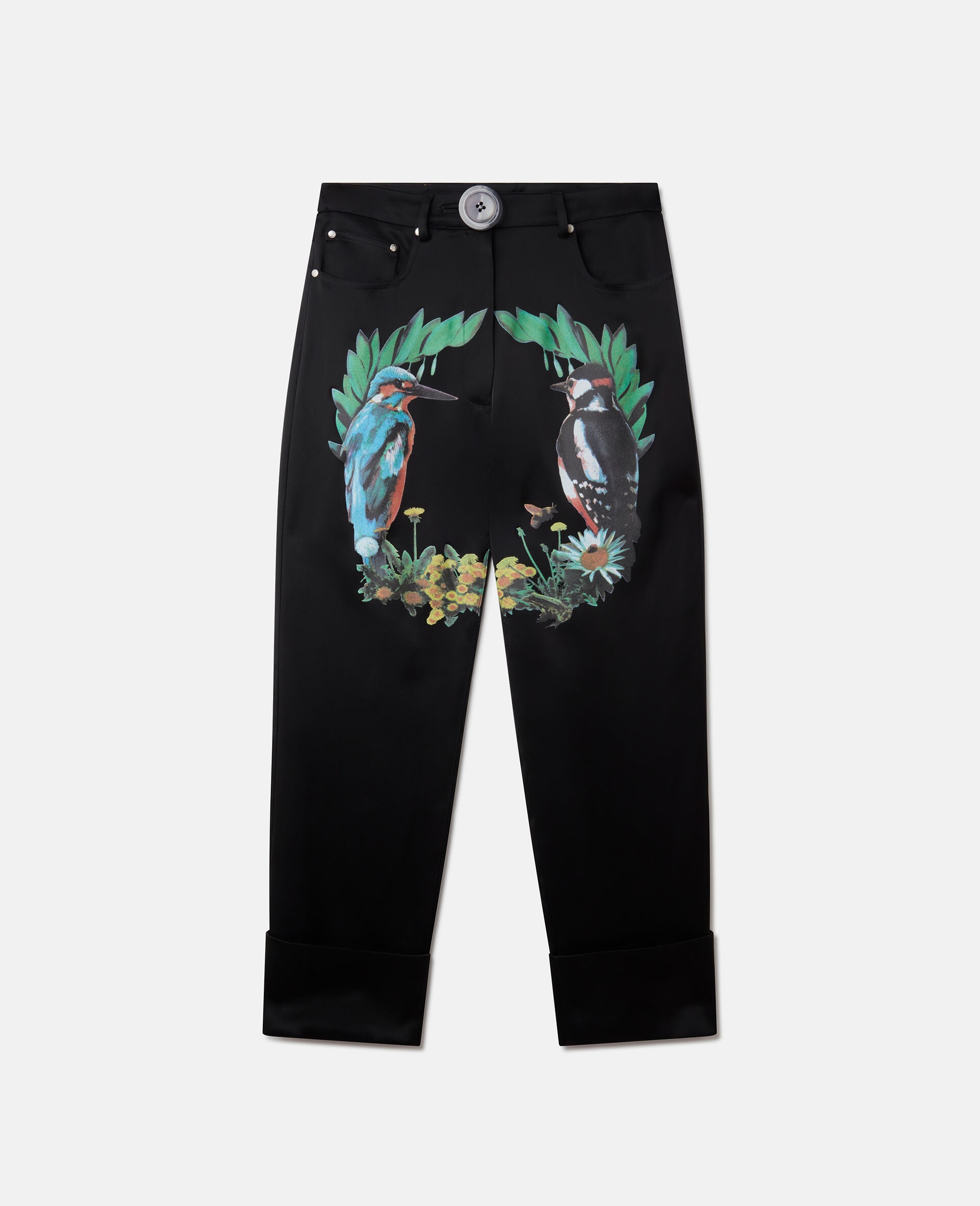 Bird Crest Print Satin Tailored Trousers - 1