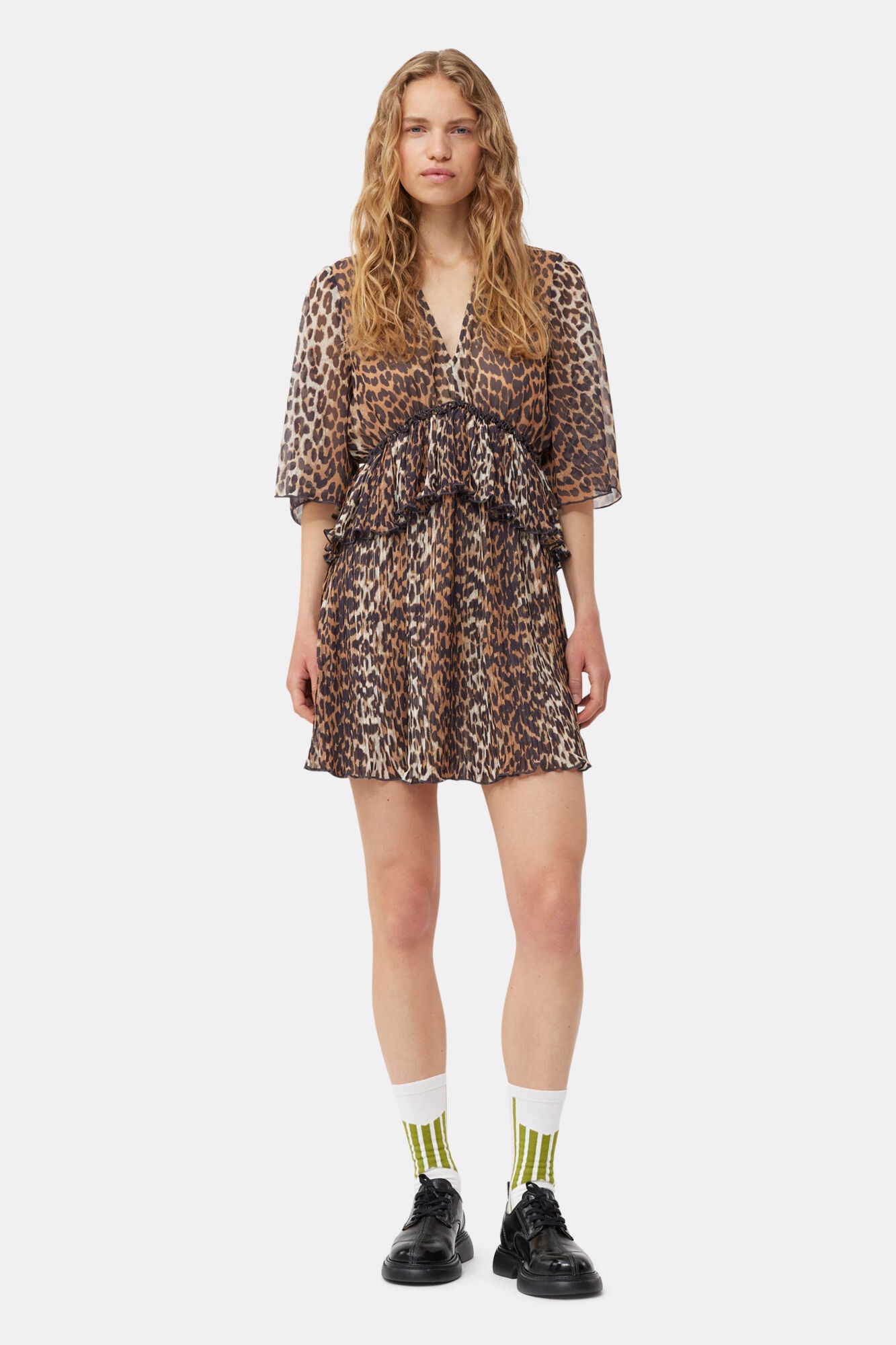 LEOPARD PLEATED GEORGETTE V-NECK FLOUNCE MINI DRESS - 2