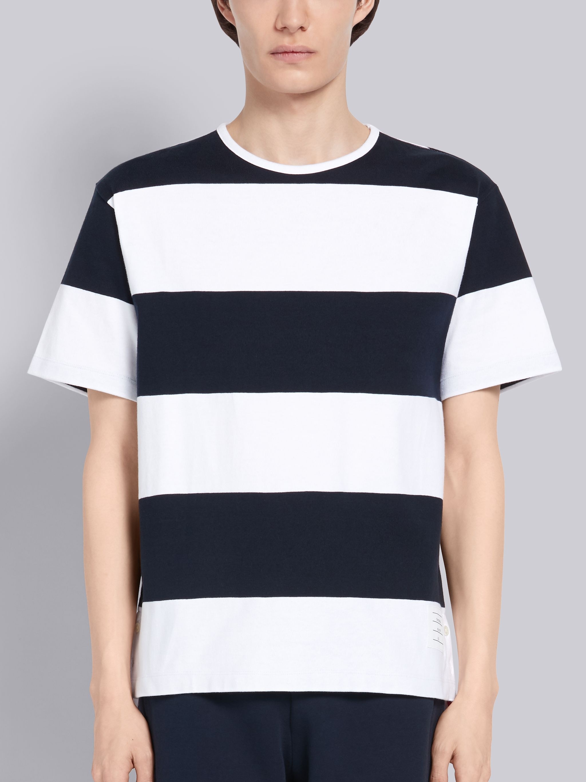 Navy Cotton Jersey Rugby Stripe Boxy Short Sleeve T-shirt - 1