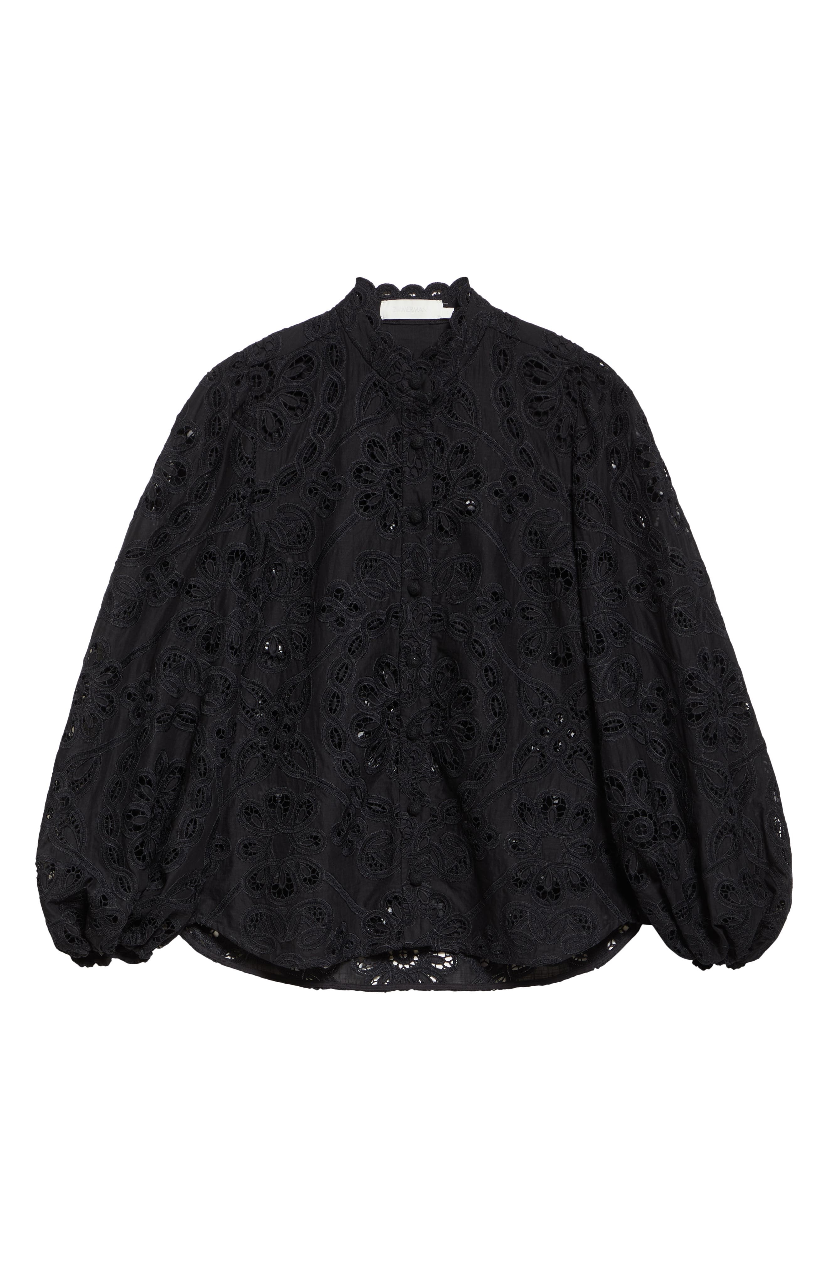 Zimmermann Rhiannon Guipure Lace Trim Cotton Shirt in Black at Nordstrom - 6