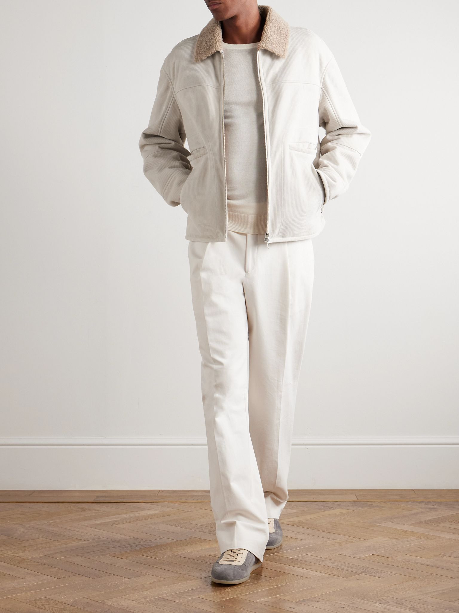 Slim-Fit Ribbed Shearling Jacket Cream - 2