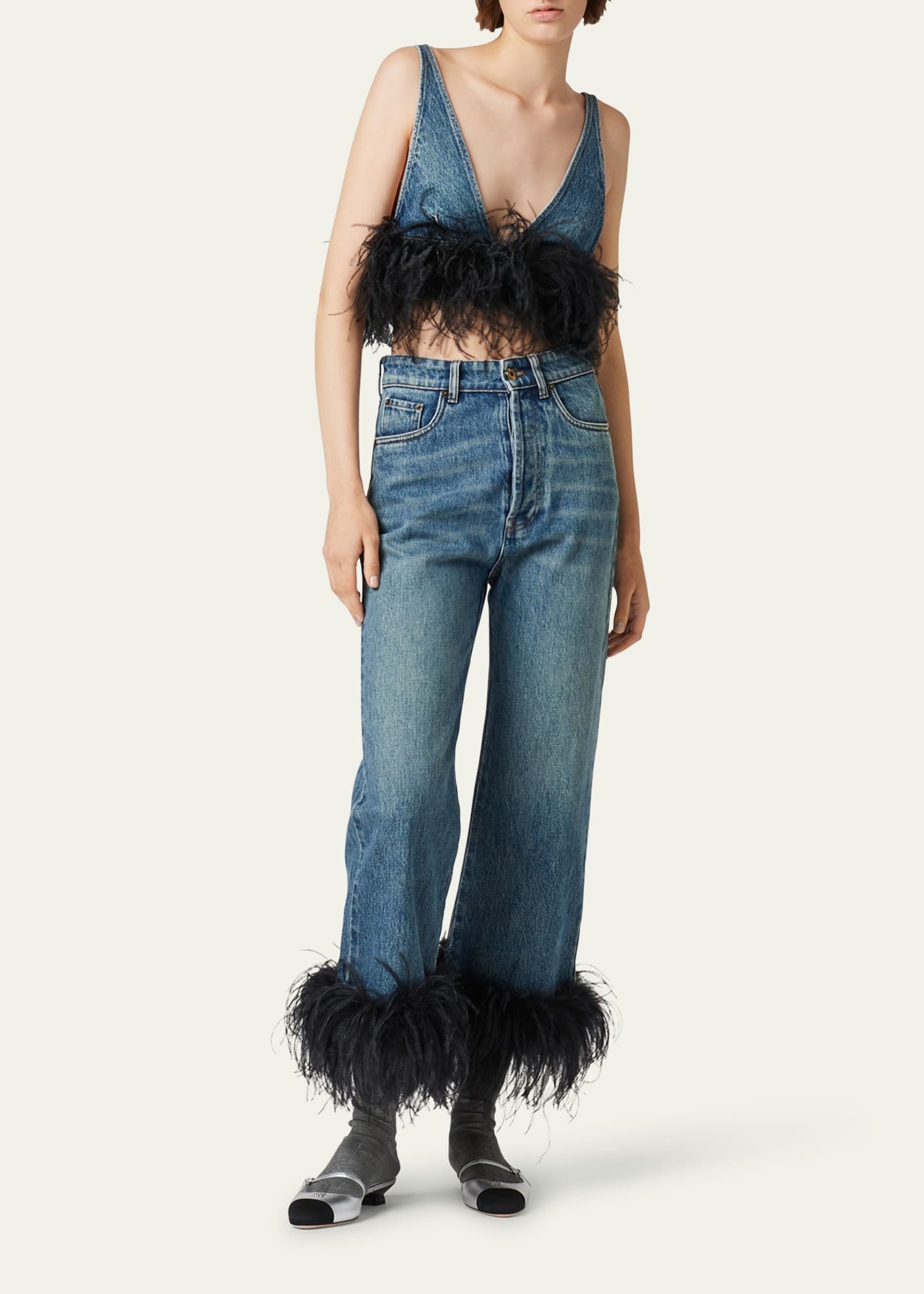 Miu Miu Denim Bra Top With Feather | bergdorfgoodman | REVERSIBLE