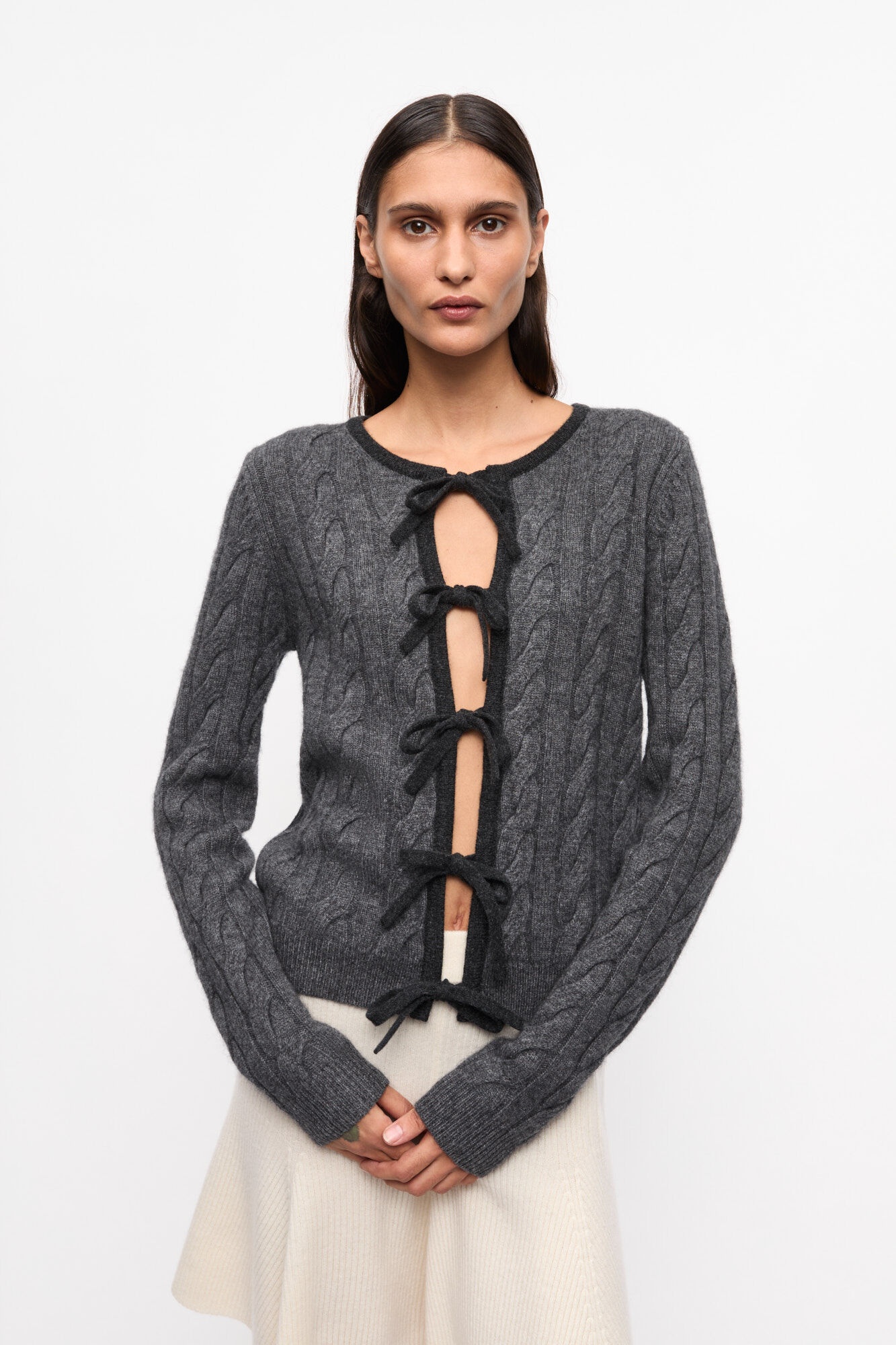 GREY AND BLACK CASHMERE MIX TIE STRING CARDIGAN - 2