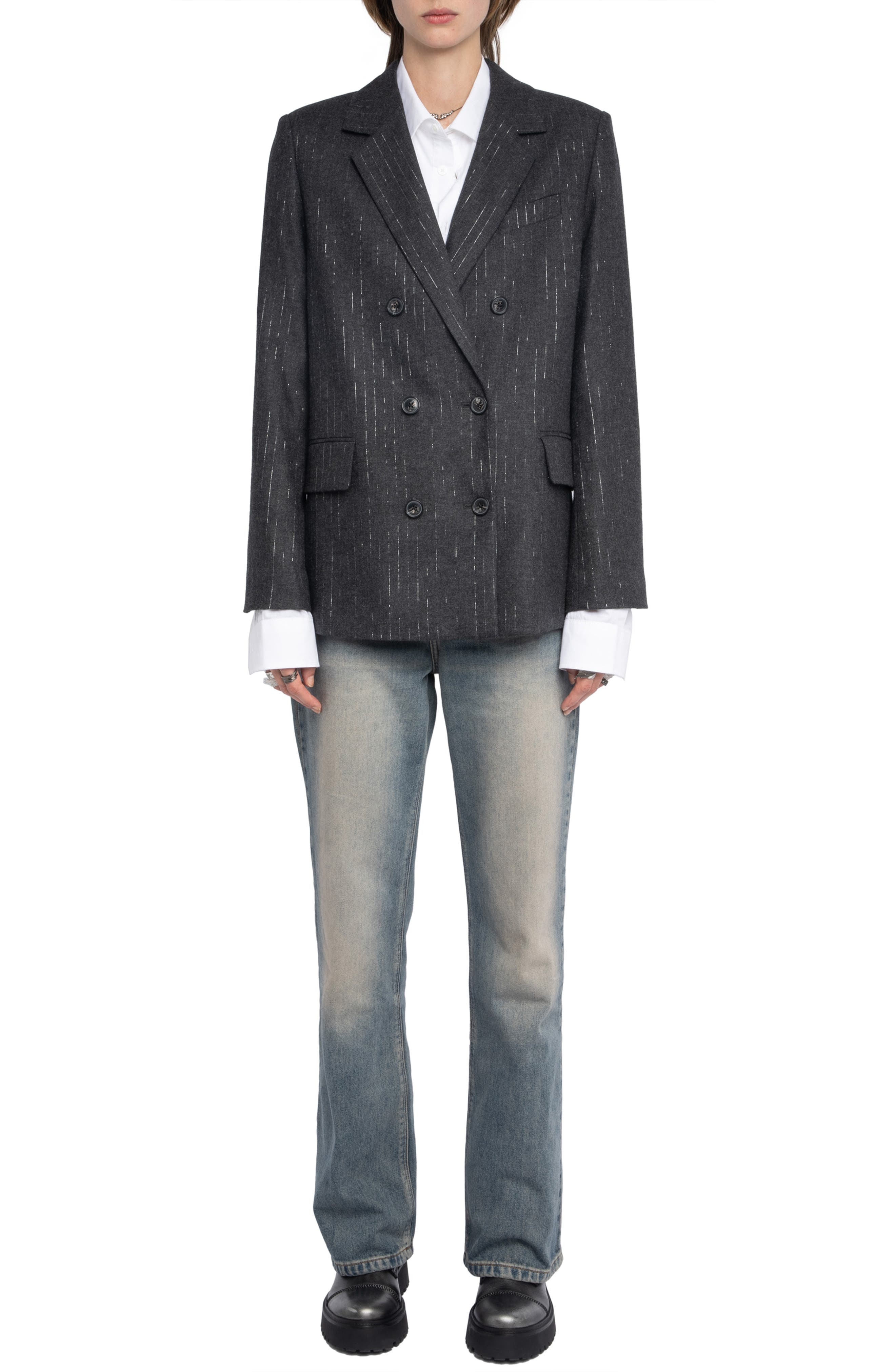 Zadig & Voltaire Vaska Metallic Stripe Double Breasted Blazer in Anthracite at Nordstrom - 7