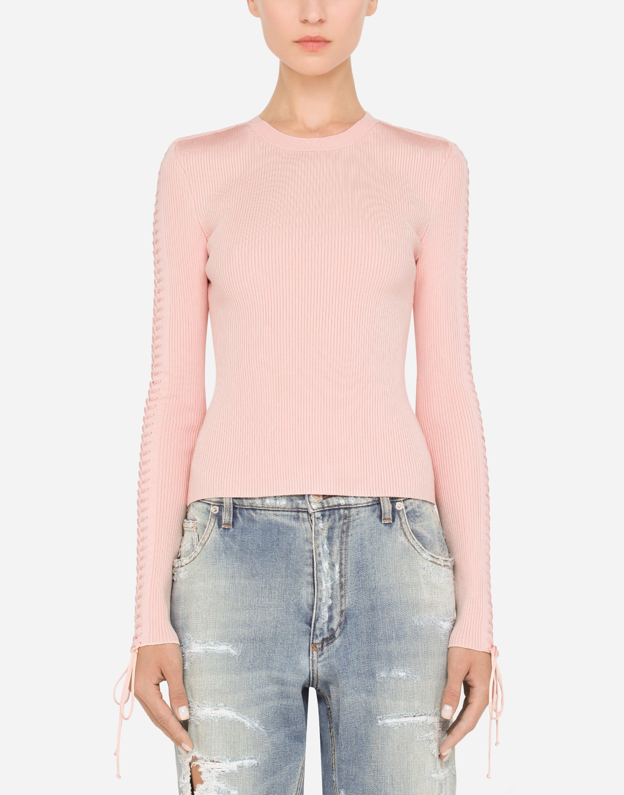 Viscose ribbed sweater with lacing and eyelets - 2