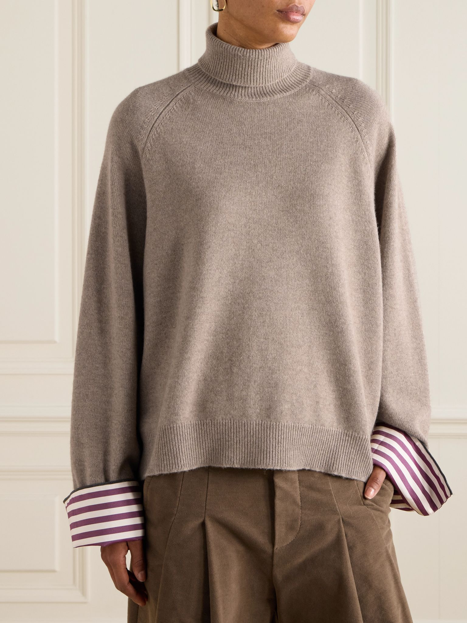 Striped poplin-trimmed cashmere turtleneck sweater Beige - 3