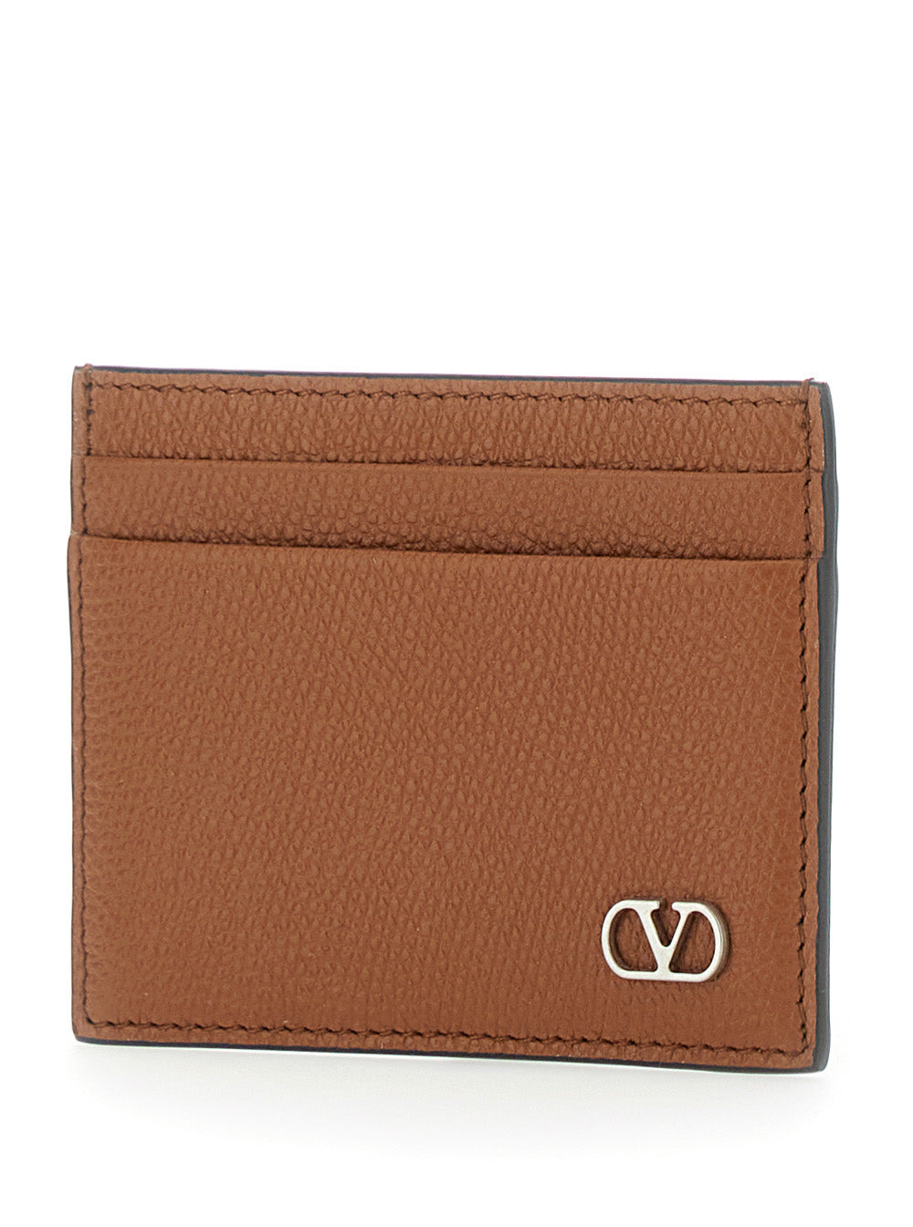 Valentino Garavani Men Brown Card Holder With Metallic Vlogo On The Front In Black Hammered Leather  - 2