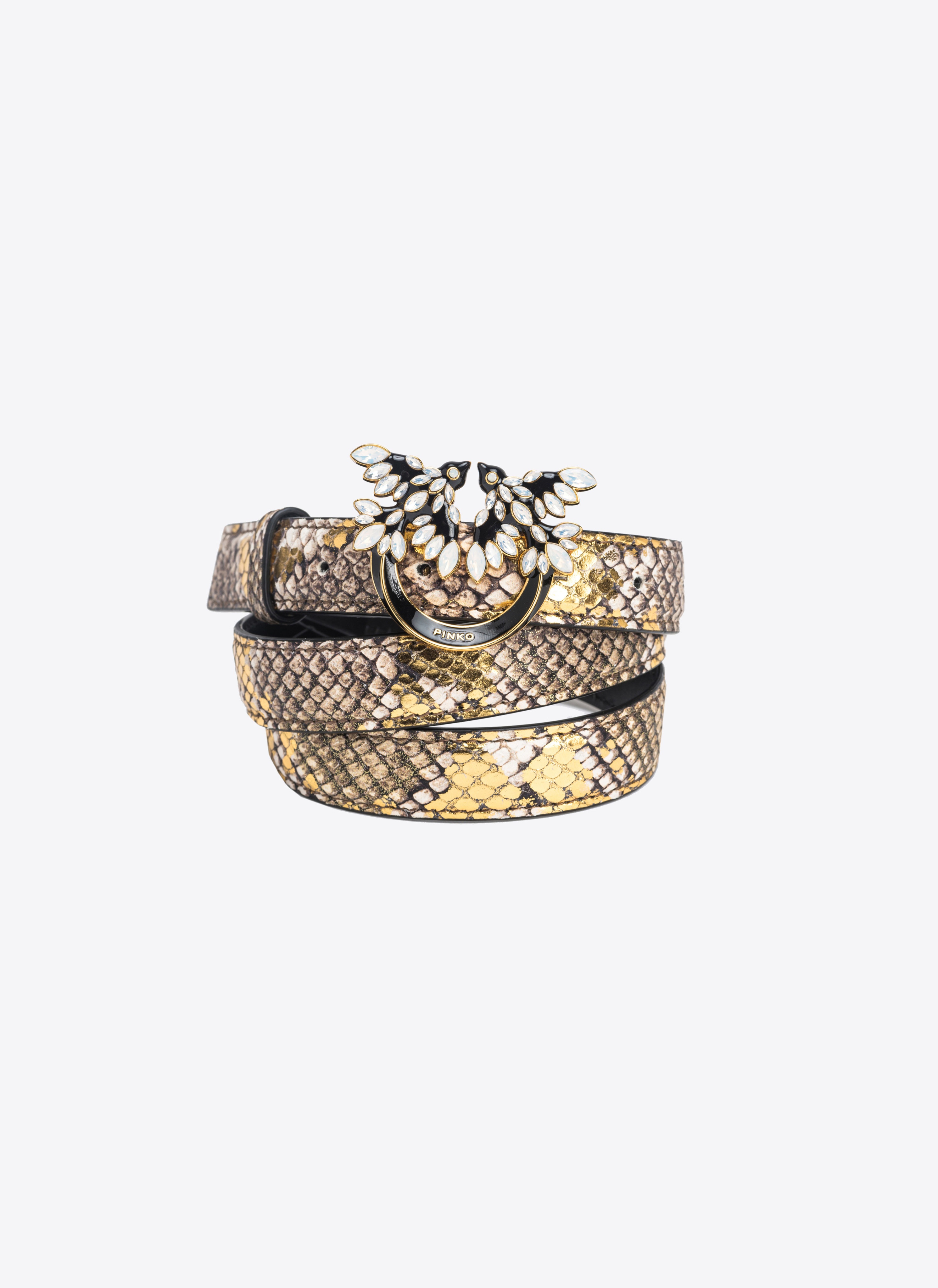PINKO GALLERIA THIN 2CM LAMINATED REPTILE-PRINT BELT WITH LOVE BIRDS BUCKLE - 5