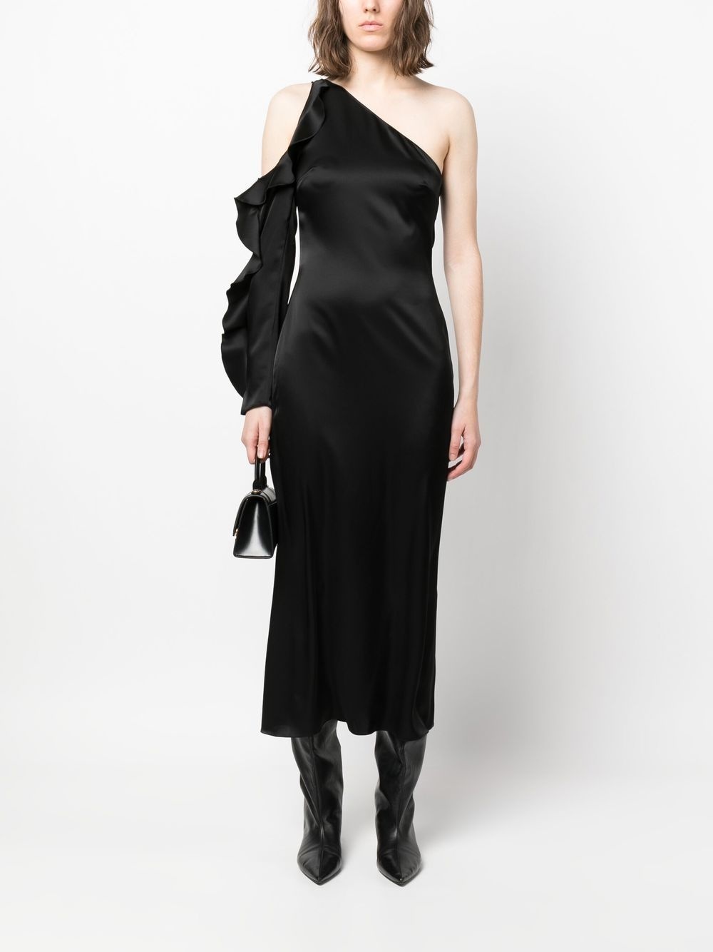 asymmetric ruffle-trim satin dress - 2