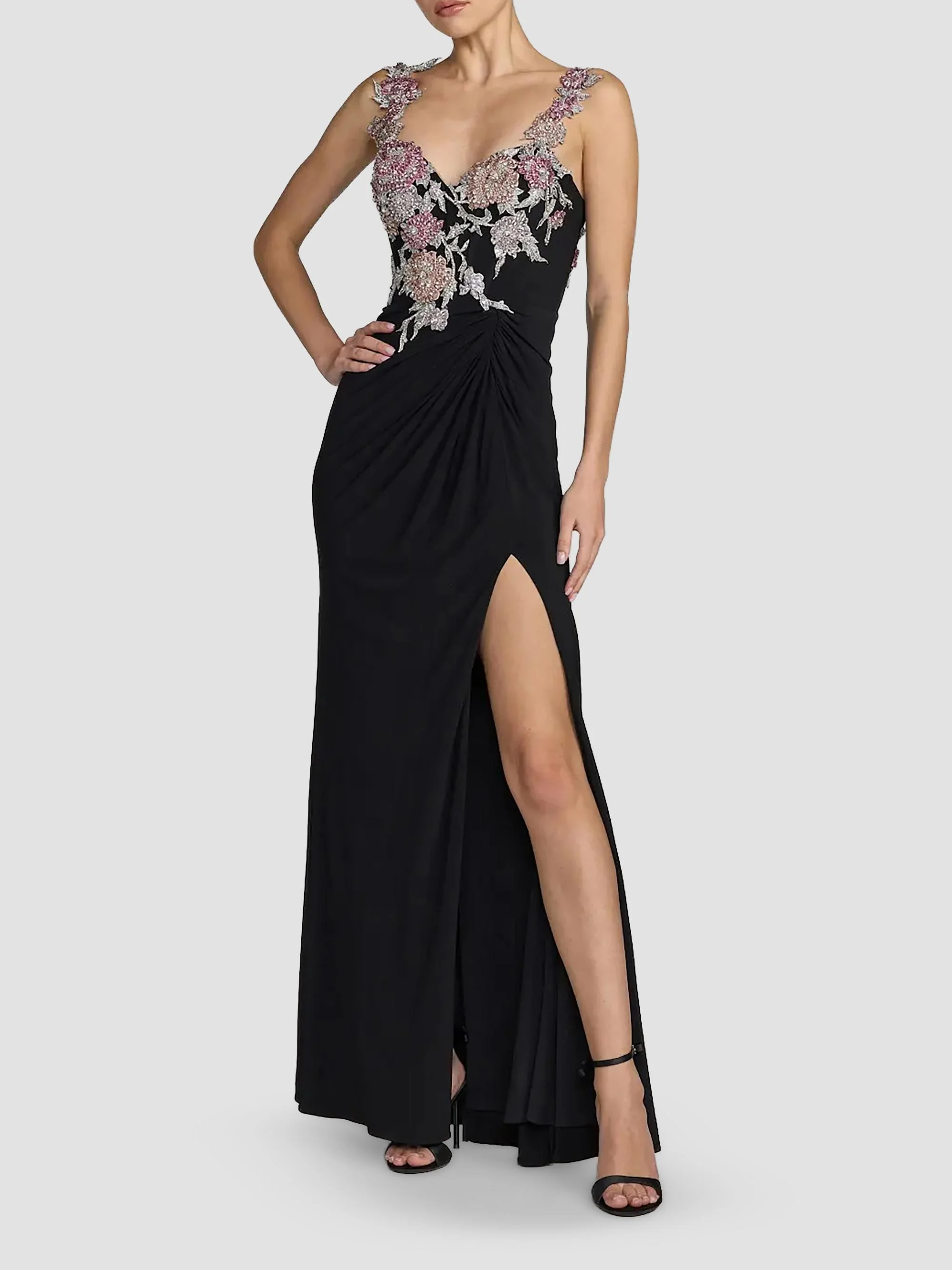 Women's Evening Beaded Jersey Sleeveless Gown - Black Multi - 1