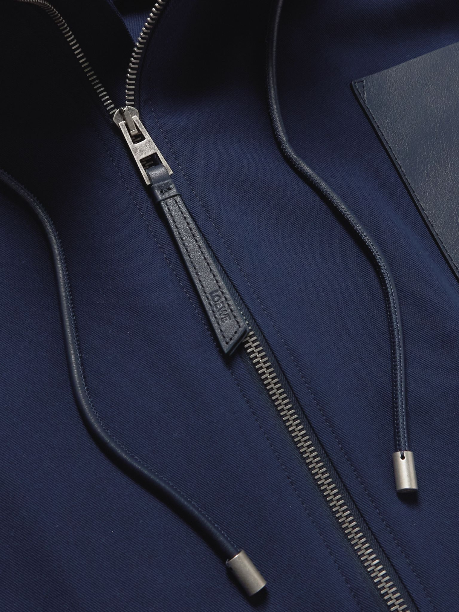 Logo-Debossed Leather-Trimmed Cotton-Twill Hooded Jacket Navy - 4