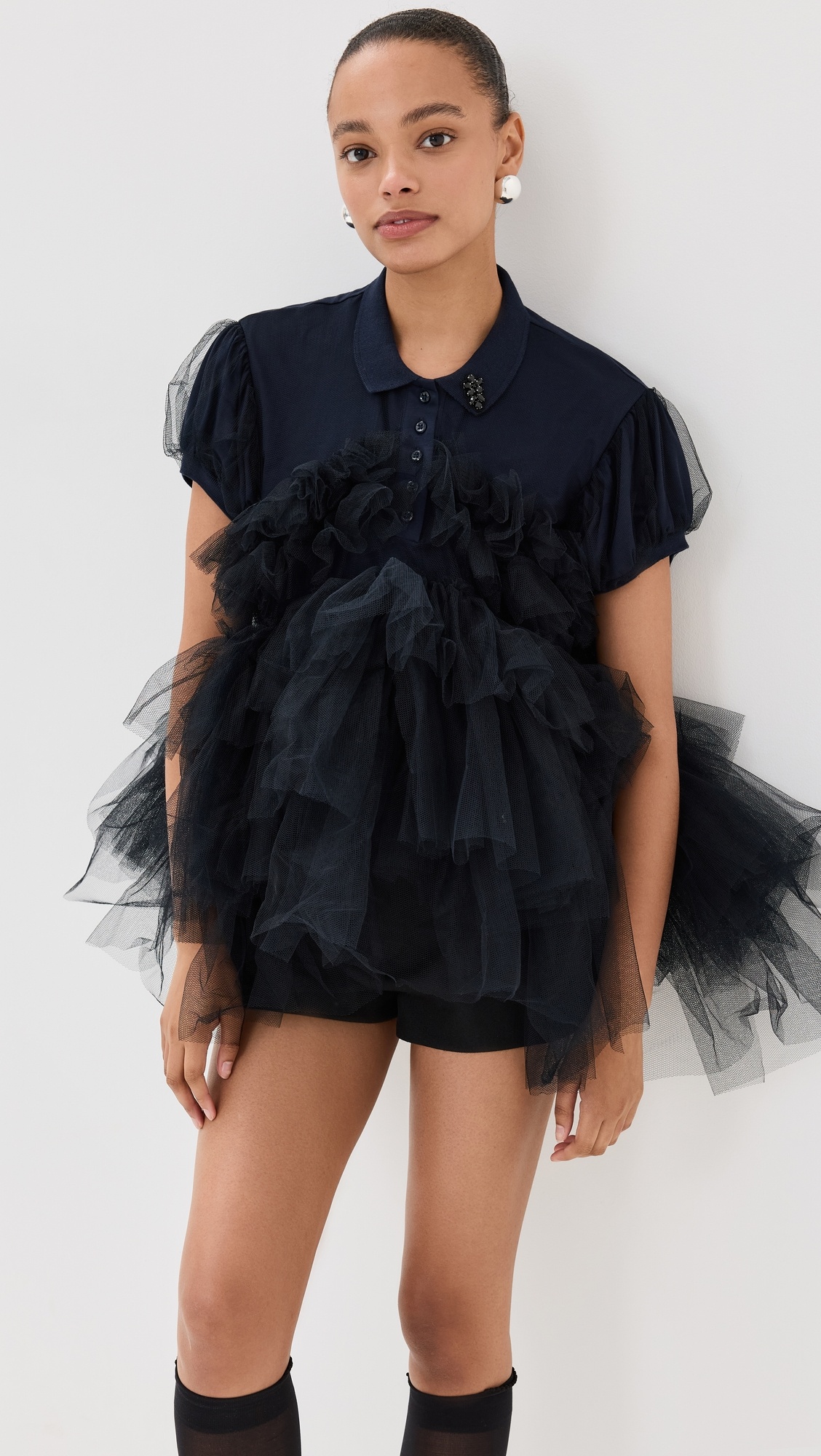 Puff Sleeve Tulle Frill Polo Shirt - 1