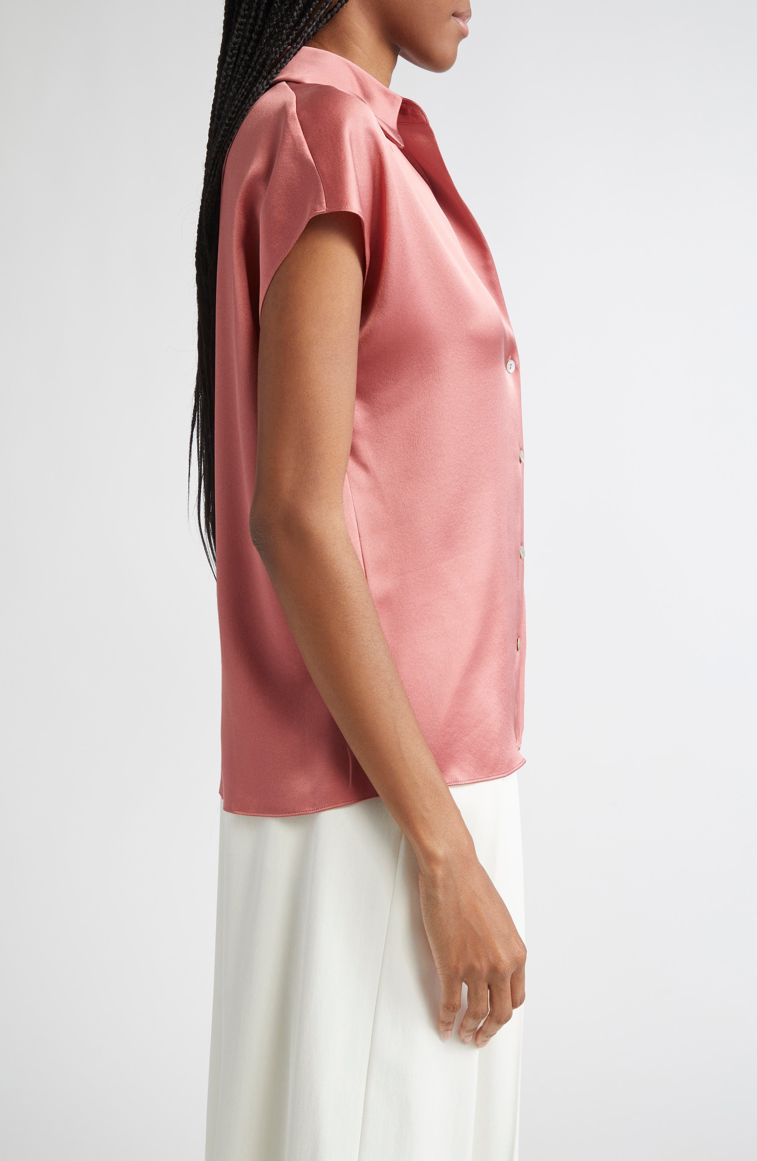 Vince Cap Sleeve Gathered Back Short Sleeve Silk Button-Up Shirt in Peony Wood at Nordstrom - 3