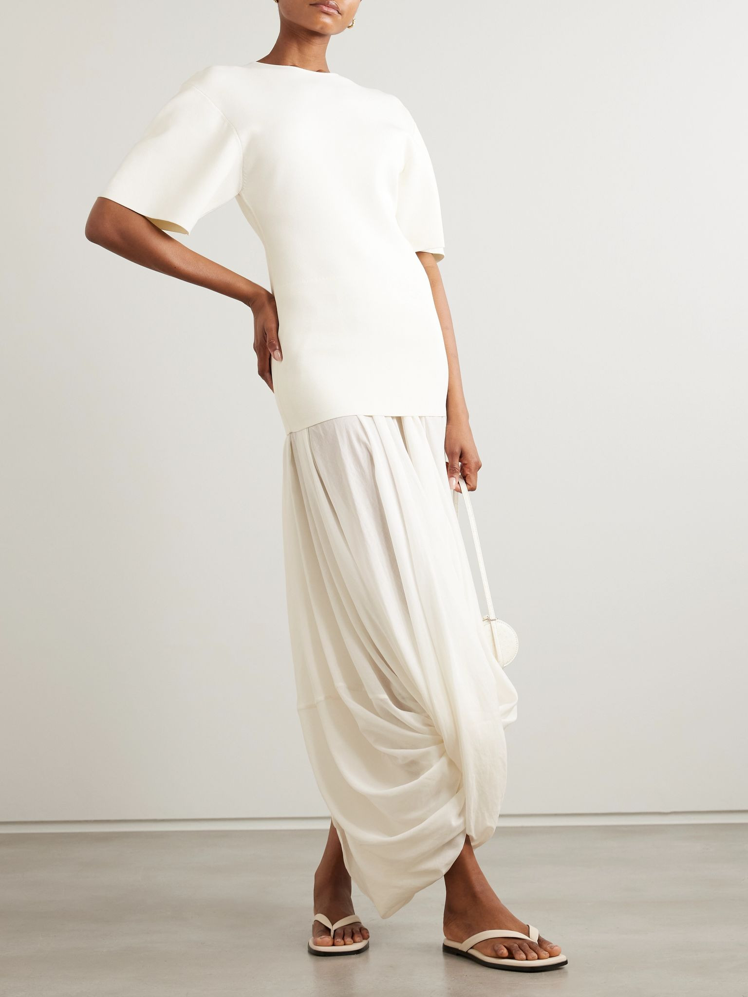Cocoon draped voile-paneled knitted maxi dress White - 2