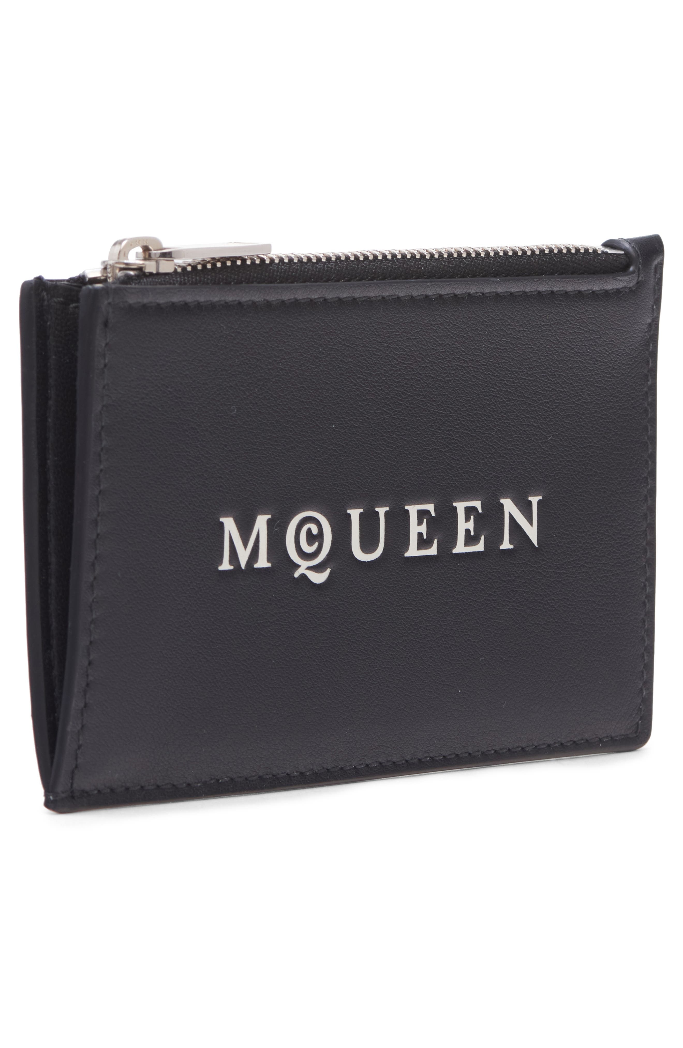 McQueen Logo Leather Zip Card Case in Black/Bone/Silver at Nordstrom - 2