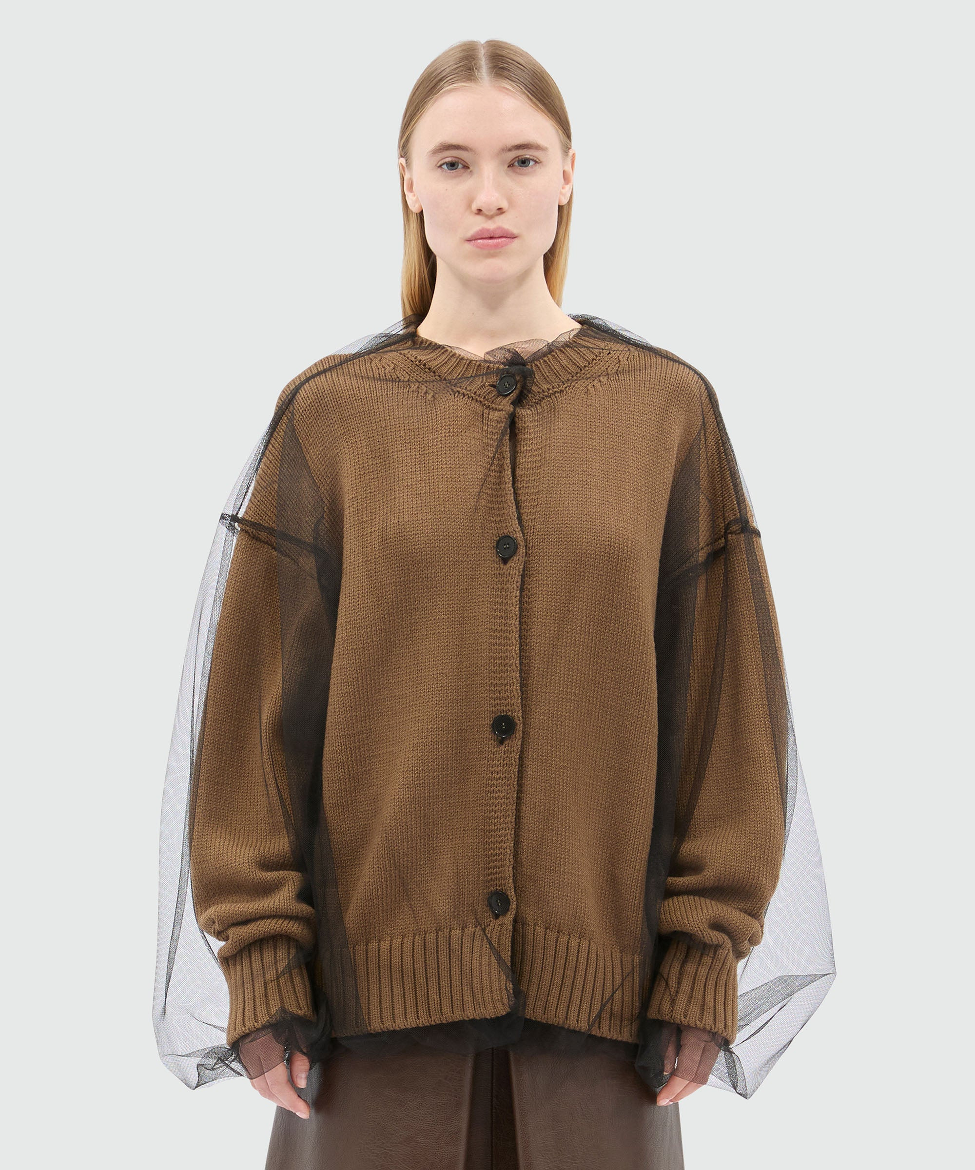Beige wool blend cardigan with tulle layer - 2