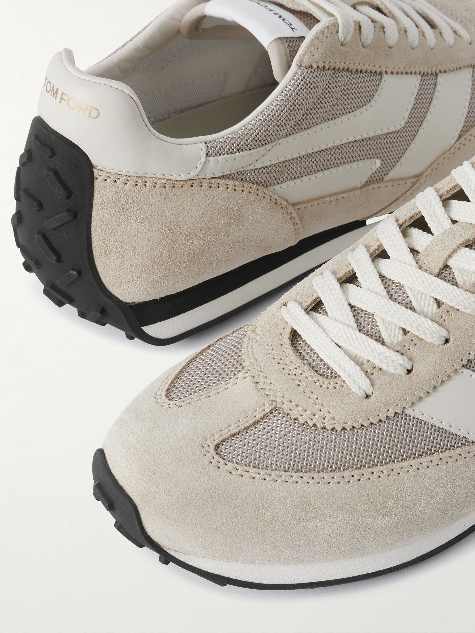 Mesh and Leather-Trimmed Suede Sneakers Cream - 5