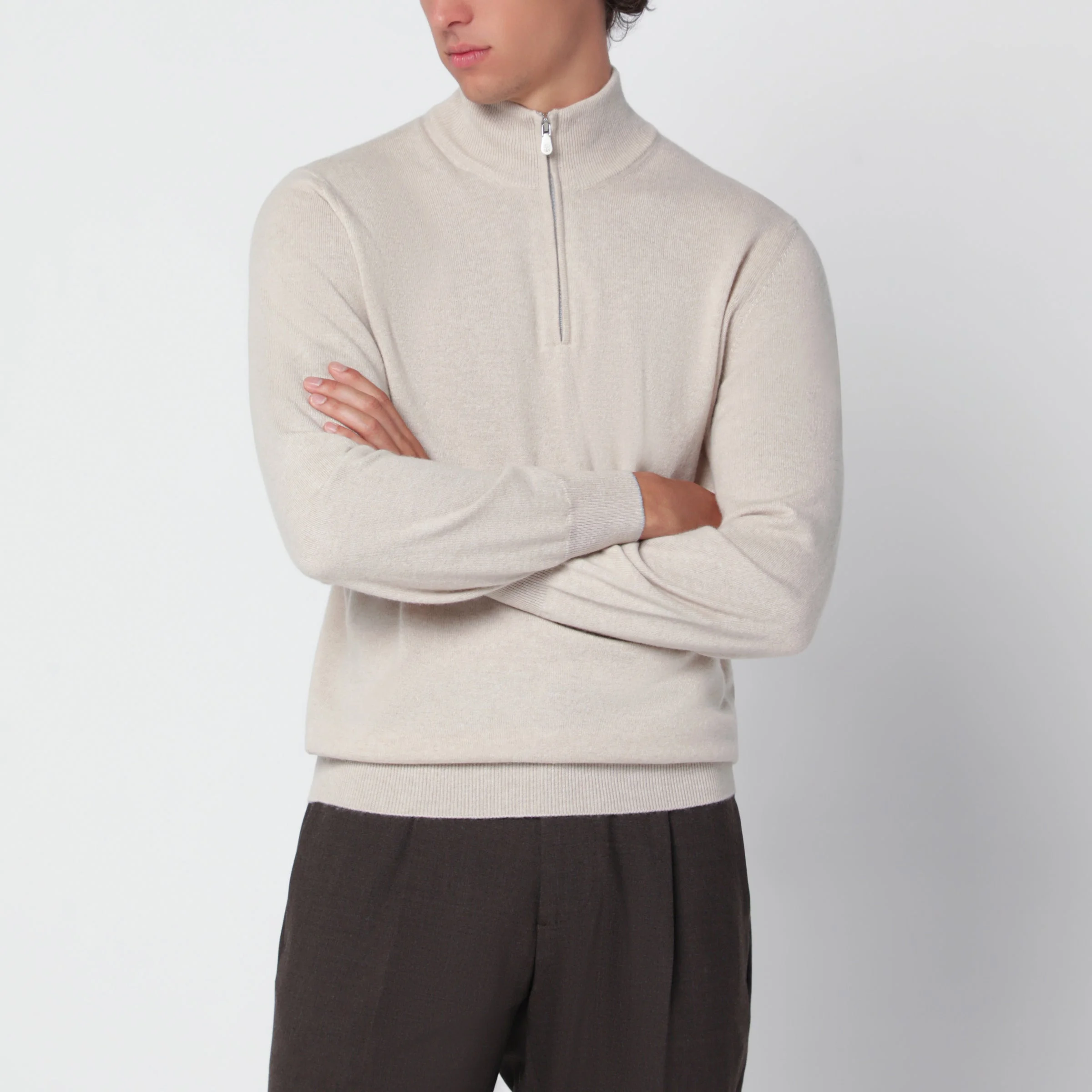 Sand Cashmere Half-Zip Turtleneck Sweater - 1