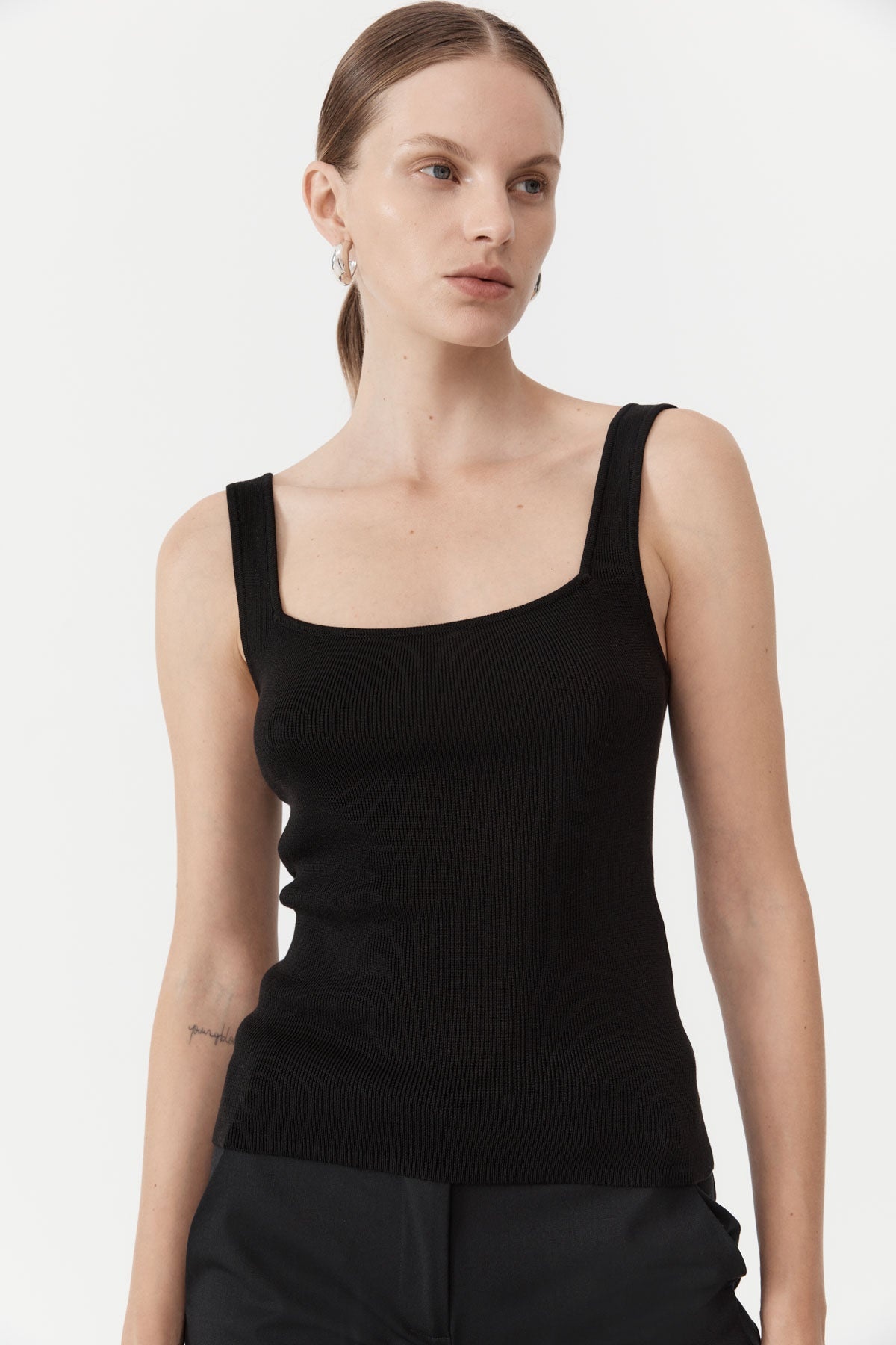 Square Neck Knit Singlet - Black - 3