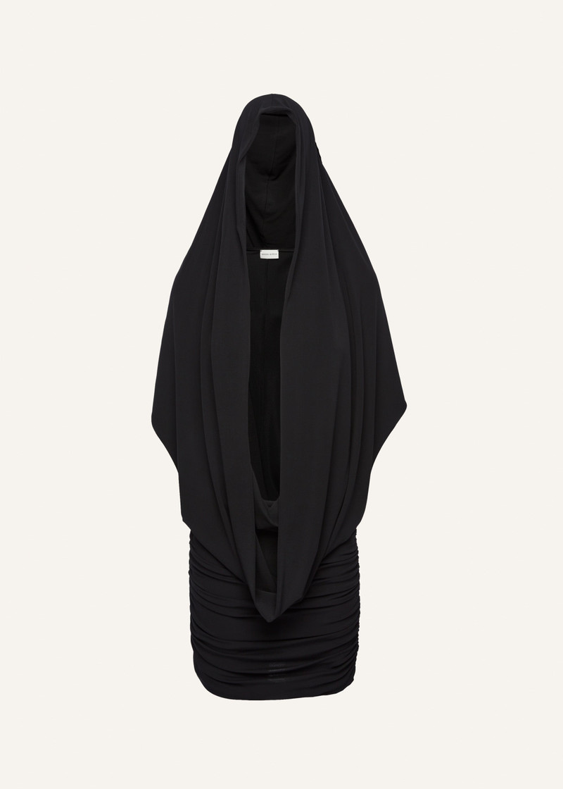 Hooded plunge maxi dress in black 1