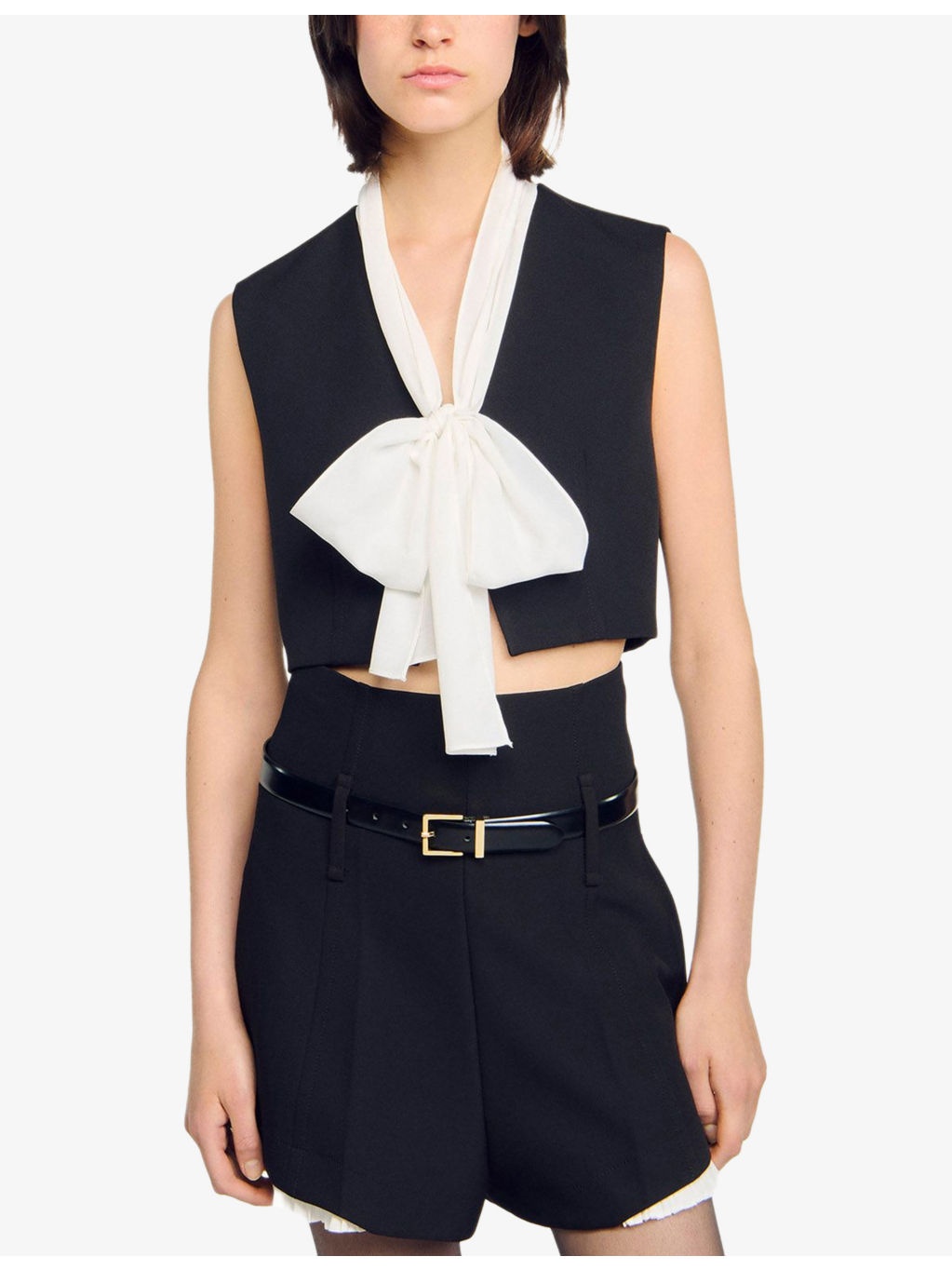 Bow-Neck Sleeveless Cropped Stretch-Woven Top - 3