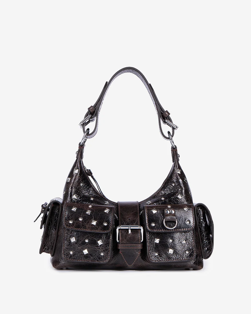STUDDED AMELIA BAG IN BROWN CRACKED LEATHER - 1