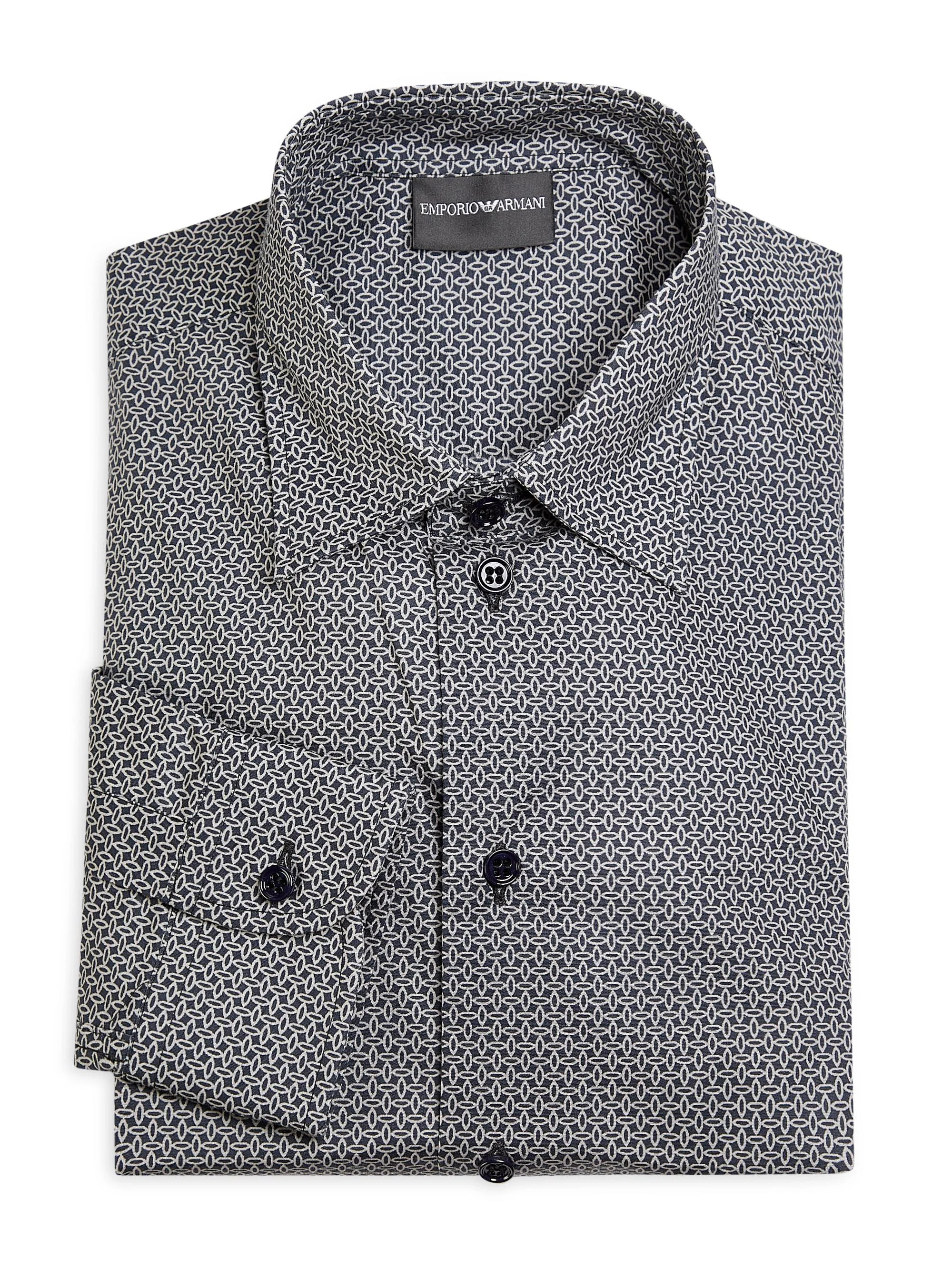 Men's Geometric Print Stretch-Cotton Poplin Sport Shirt - Navy Grey - 1