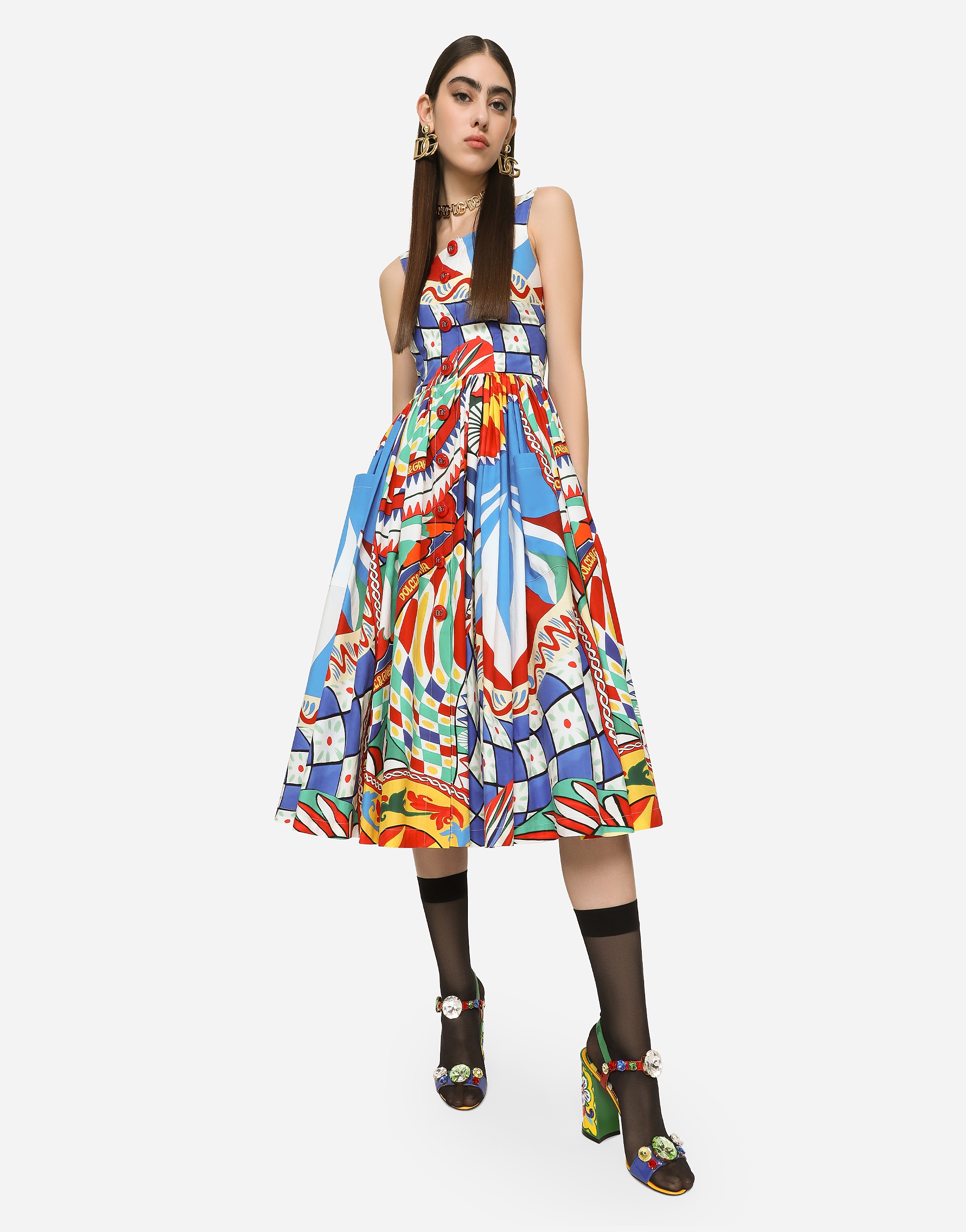 Carretto-print poplin calf-length dress - 2