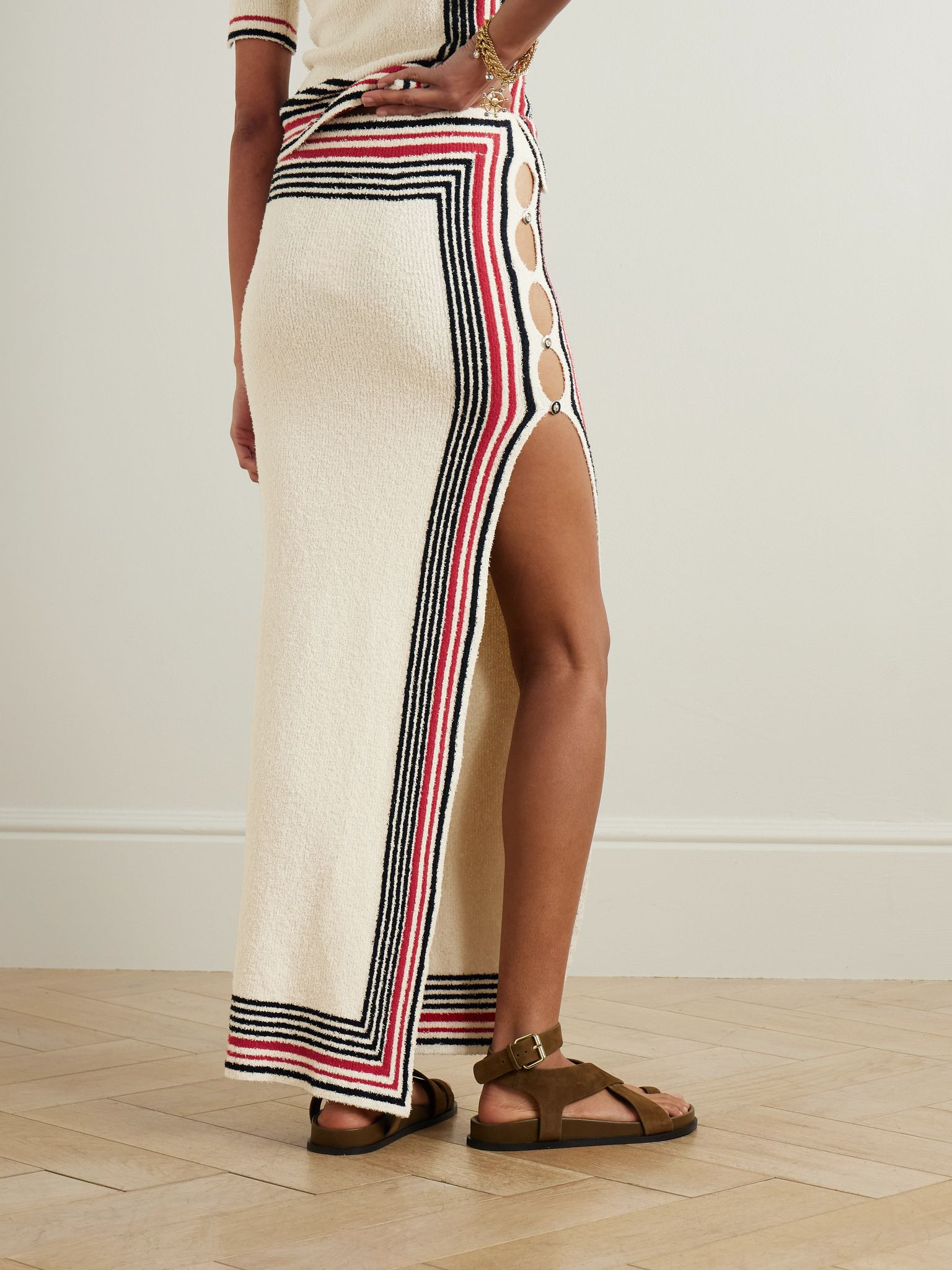 Button-embellished striped cotton-blend chenille midi skirt Off-white - 3