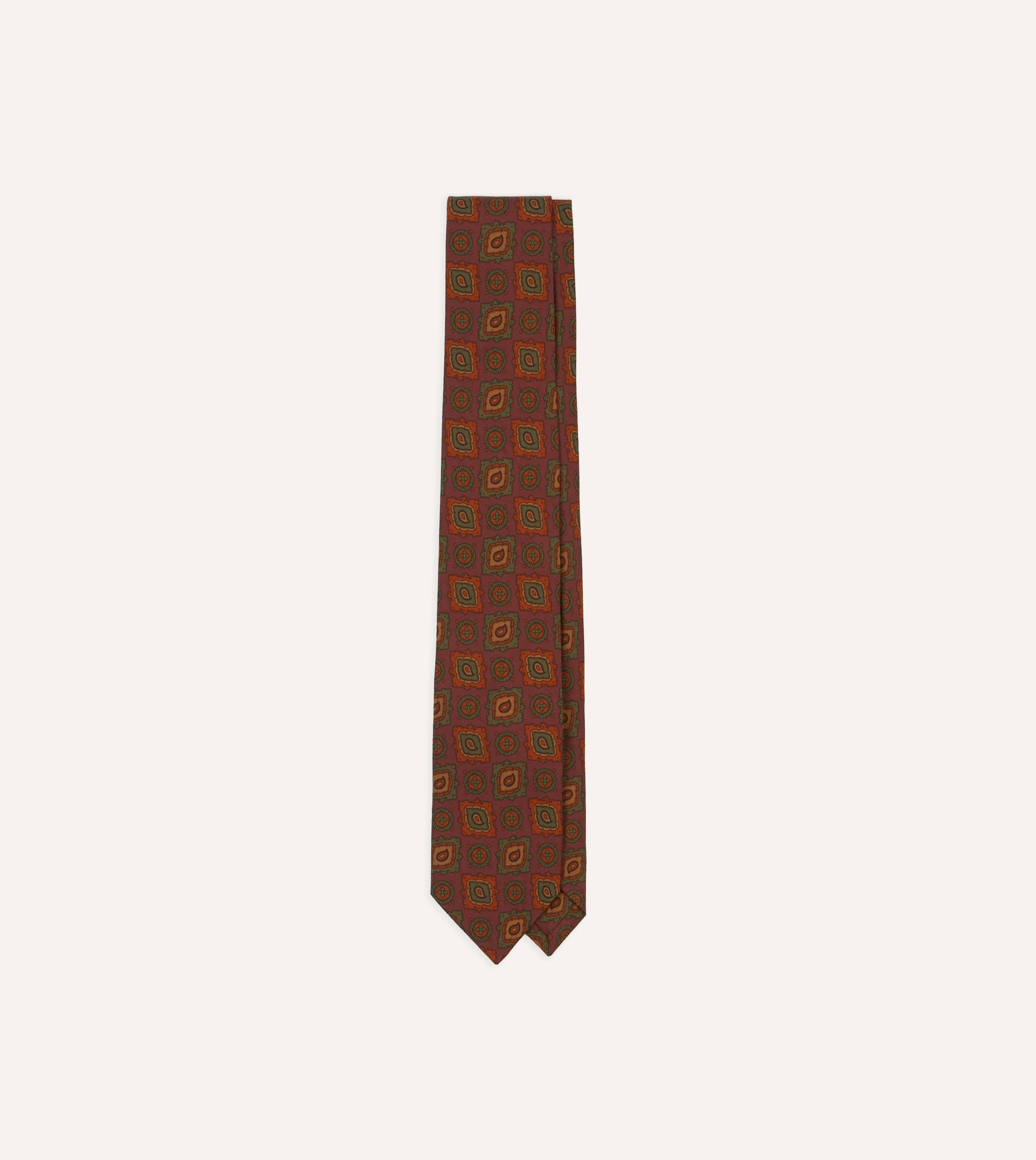 Burgundy Paisley Medallion Print Wool-Silk Self Tipped Tie - 1