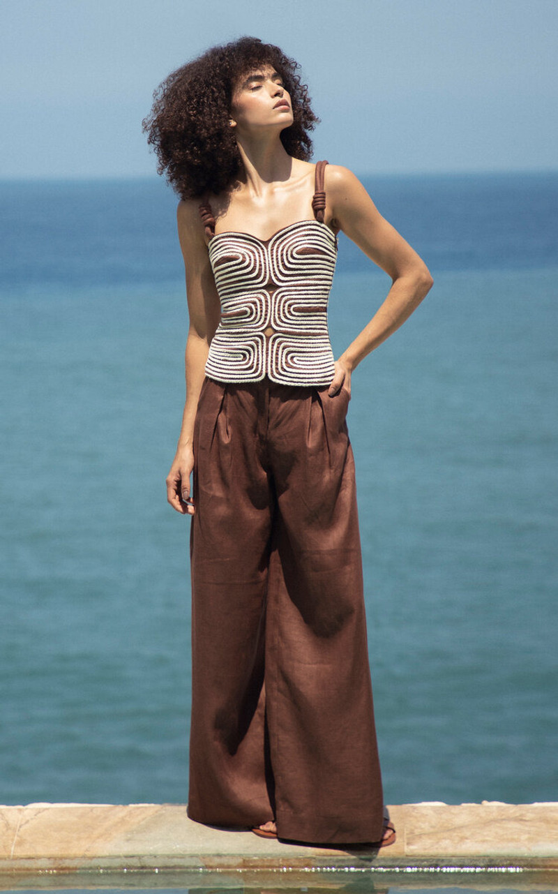 ANDRES OTALORA Desperte Pleated Linen Wide-Leg Pants brown outlook