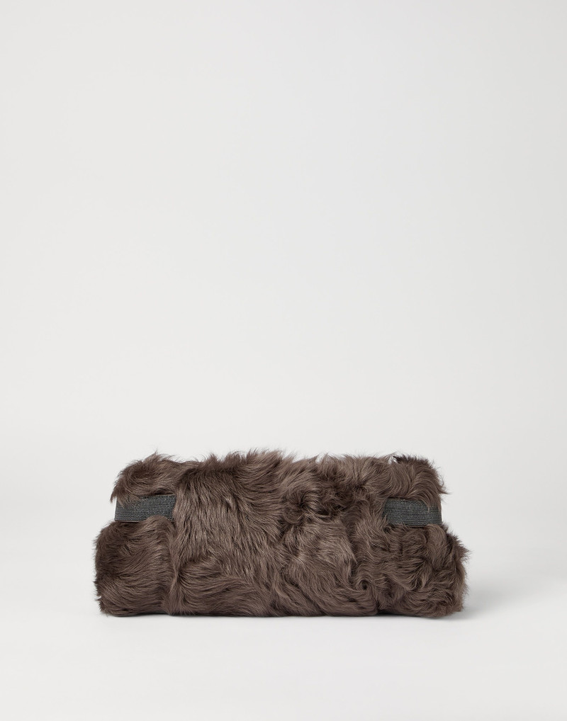 Brunello Cucinelli Essence pouch bag in wavy shearling with precious bands outlook