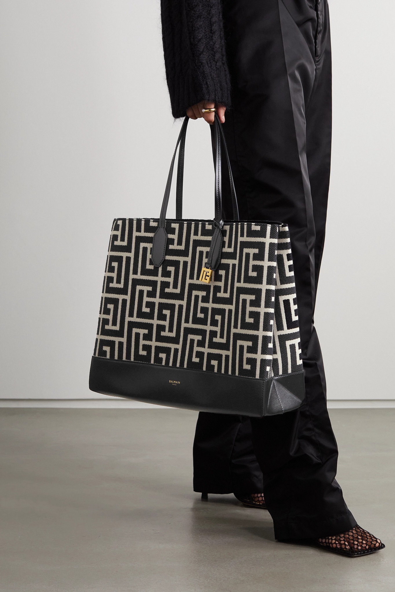 Leather-trimmed canvas-jacquard tote - 2