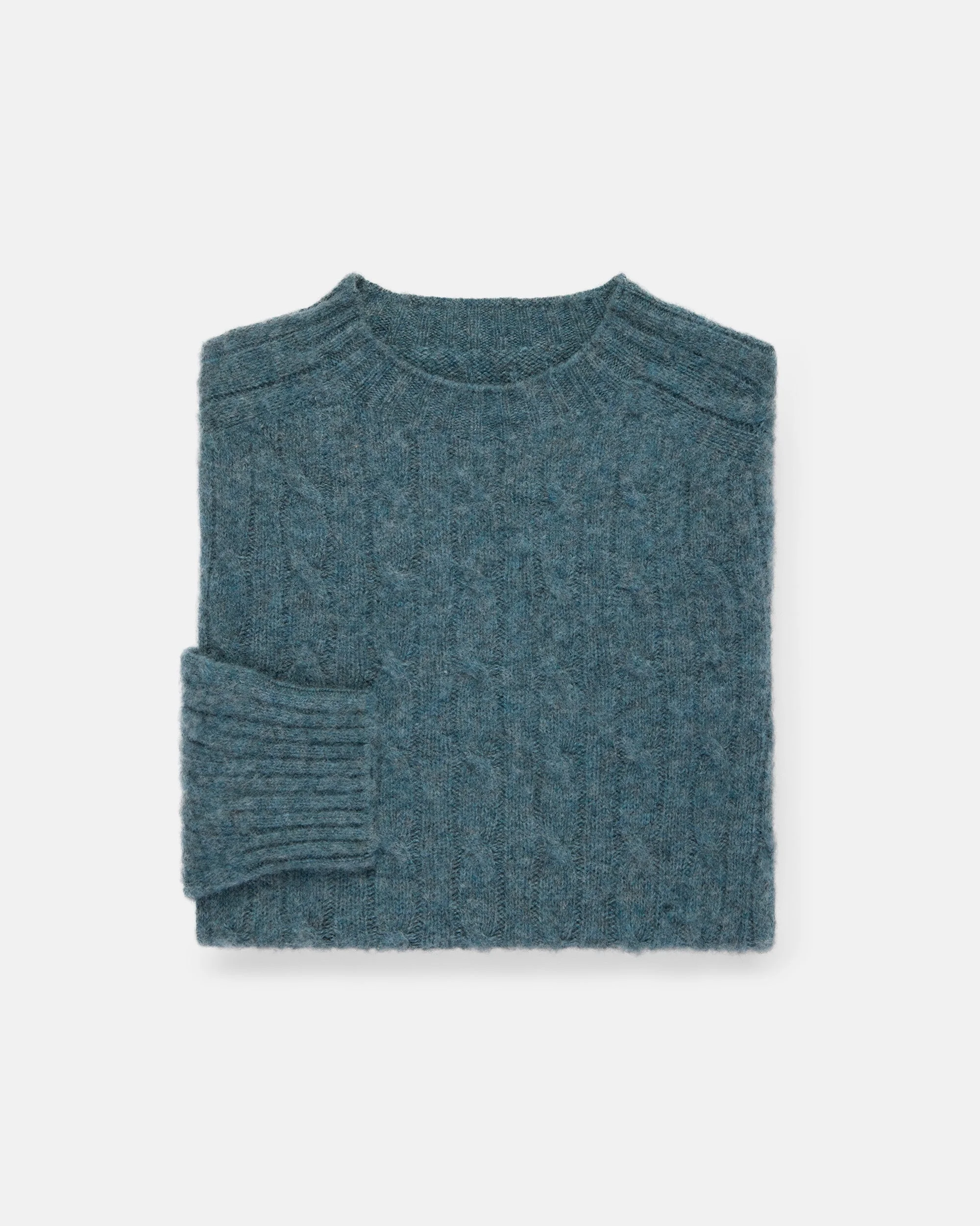 MADE-IN-SCOTLAND GREY BLUE SHAGGY DOG CABLE KNIT SWEATER - CLASSIC FIT - 1