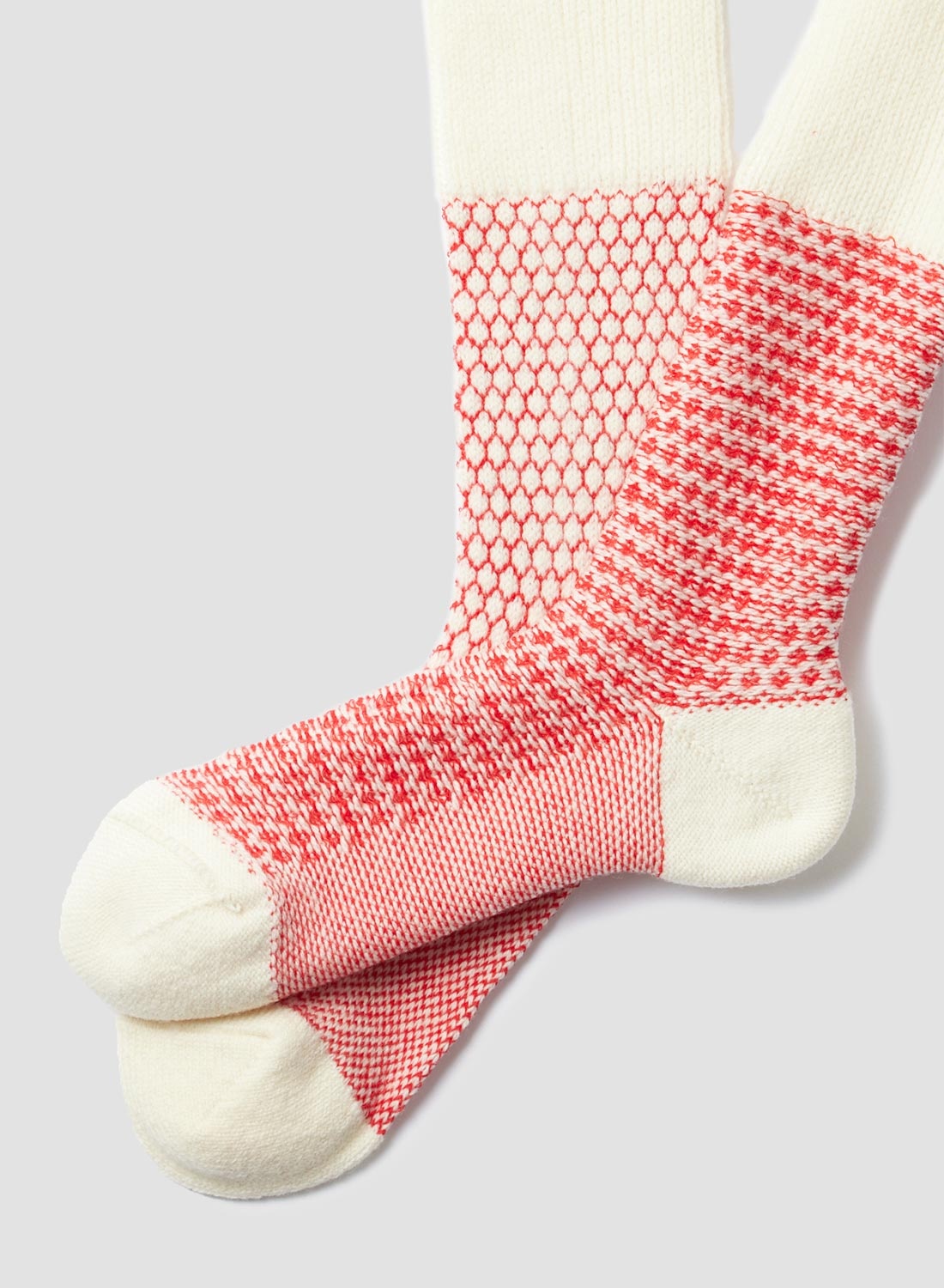 Rototo Woolen Jacquard Crew Sock in Ivory/Red - 2