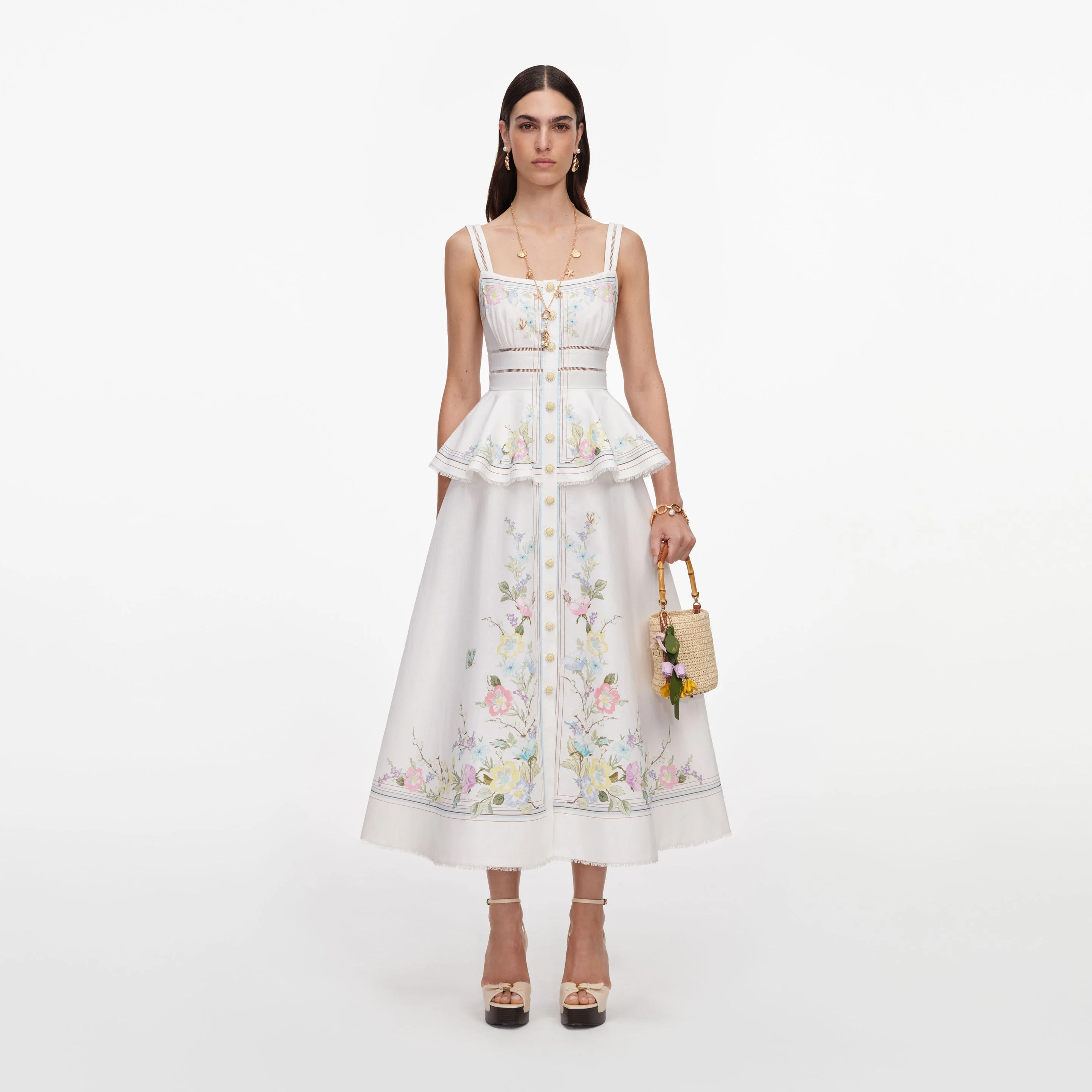 White Floral Linen Blend Peplum Midi Dress - 1