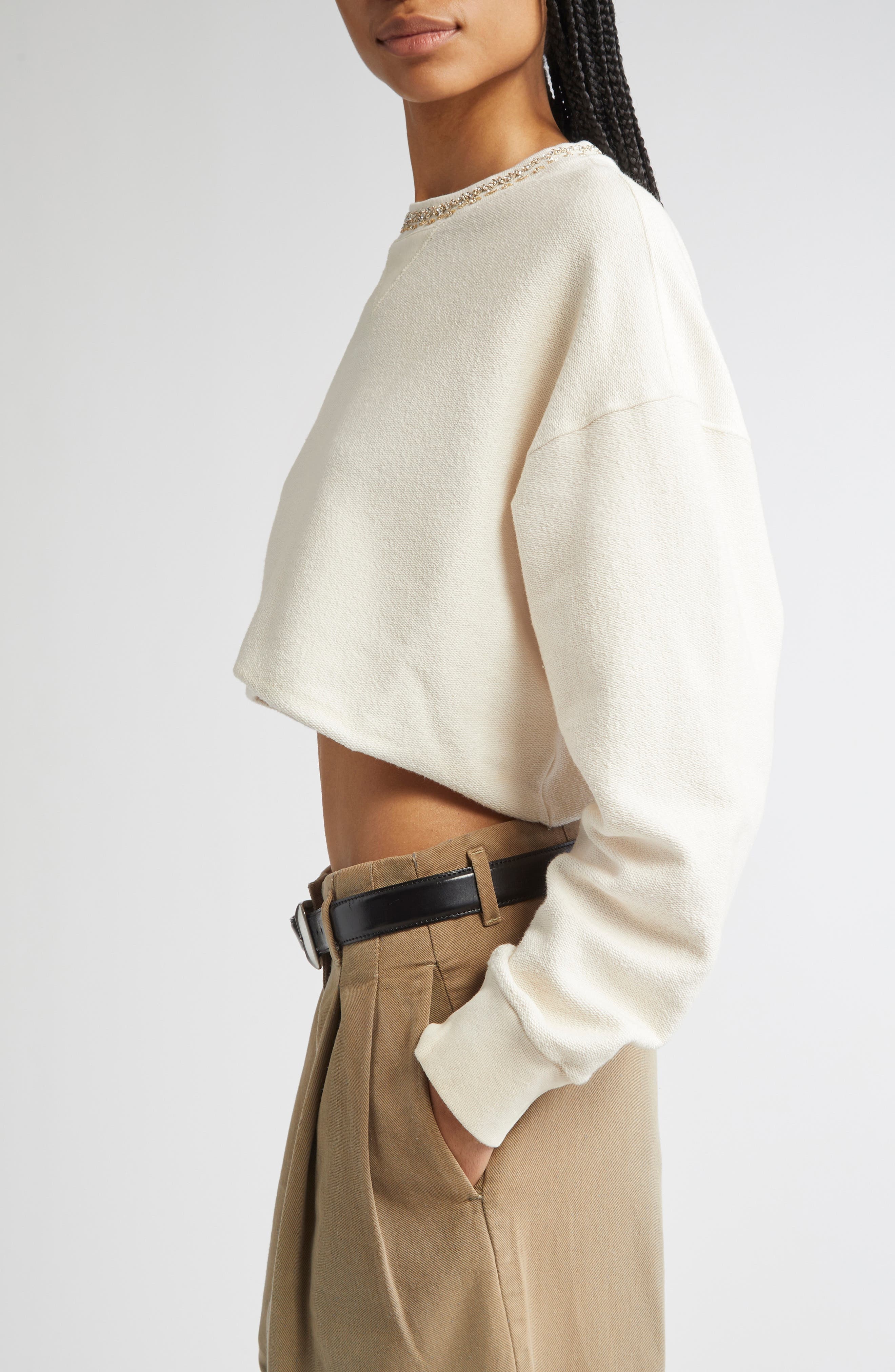 Golden Goose Journey Crystal Embellished Crop Fleece Sweatshirt in Artic Wolf at Nordstrom - 4