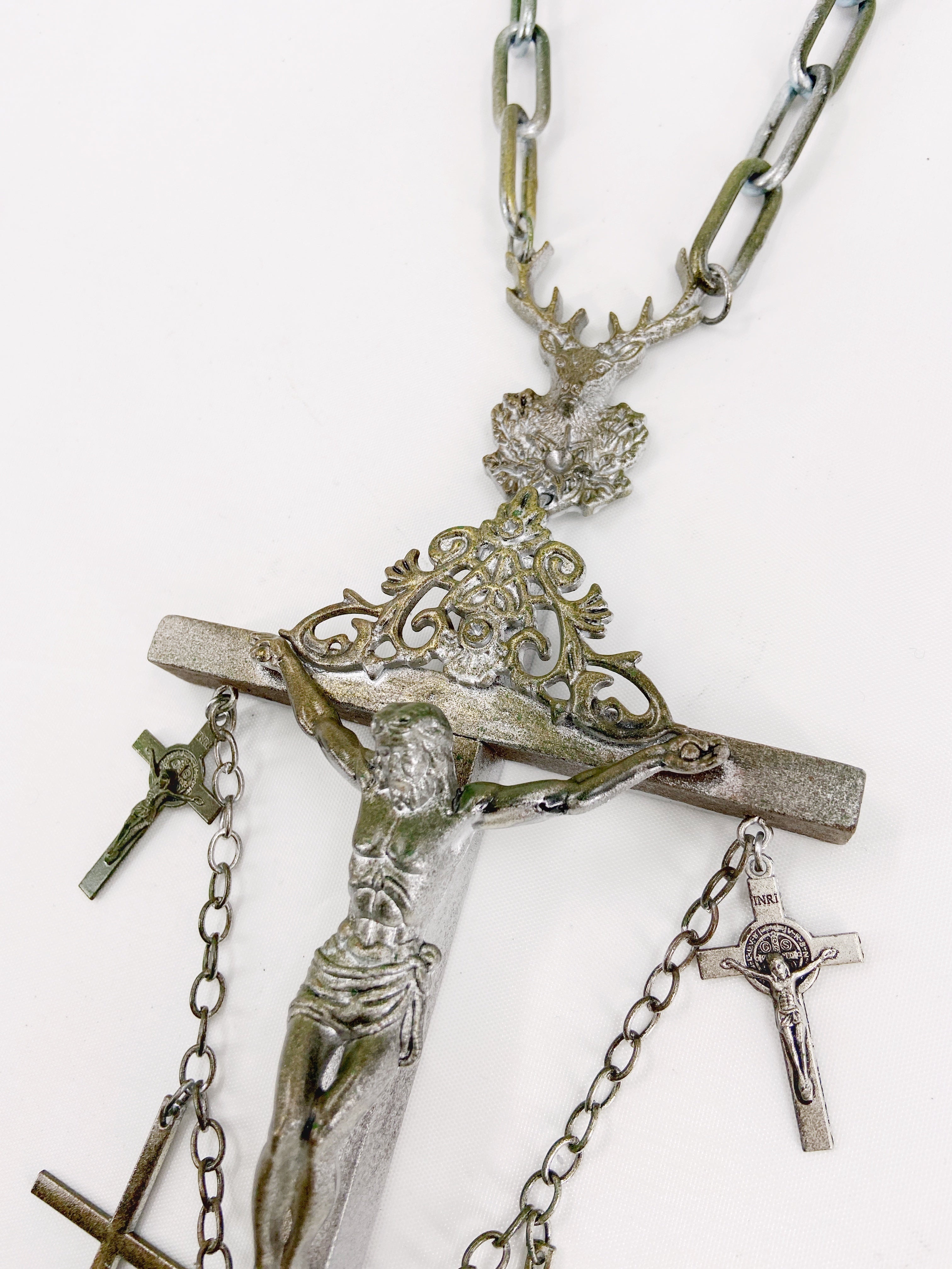 Jean Paul Gaultier 90S Sample 1/1 XXL Silver 5 Crucifix Cross Deer Chain Necklace - 12