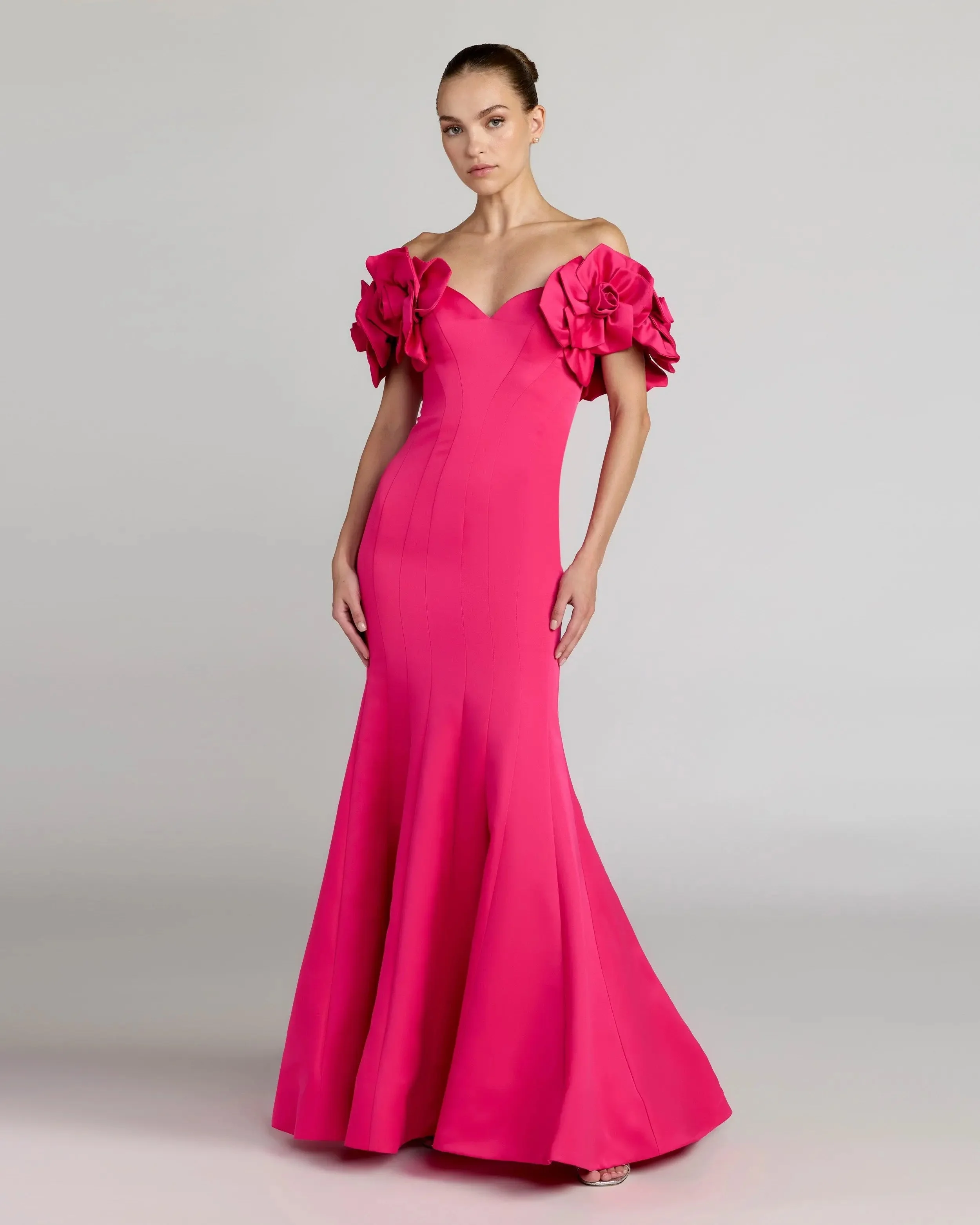 Hot Pink Off The Shoulder Gown With 3D Floral Sleeves - 1