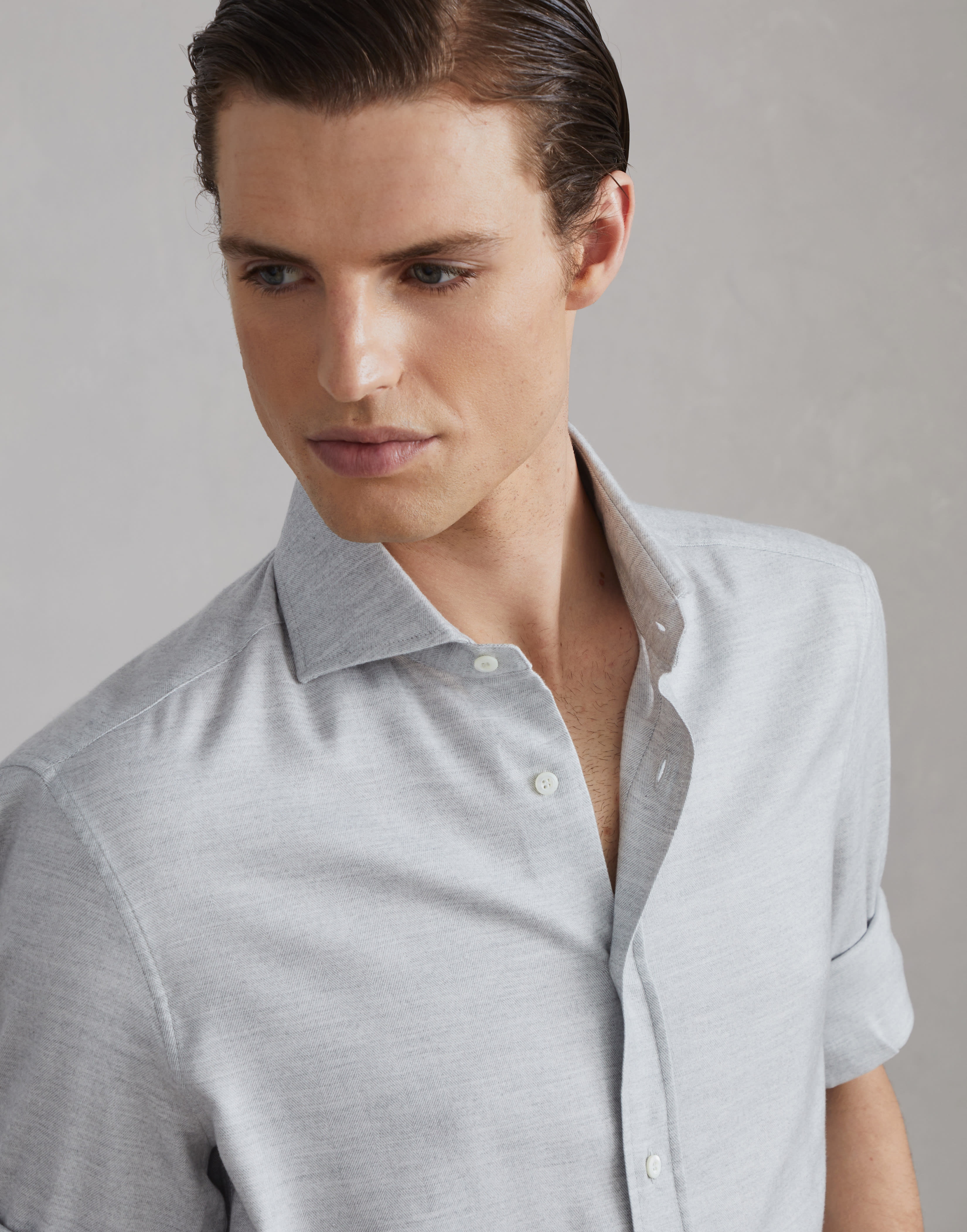 Stretch cotton chevron flannel slim fit shirt with spread collar - 3