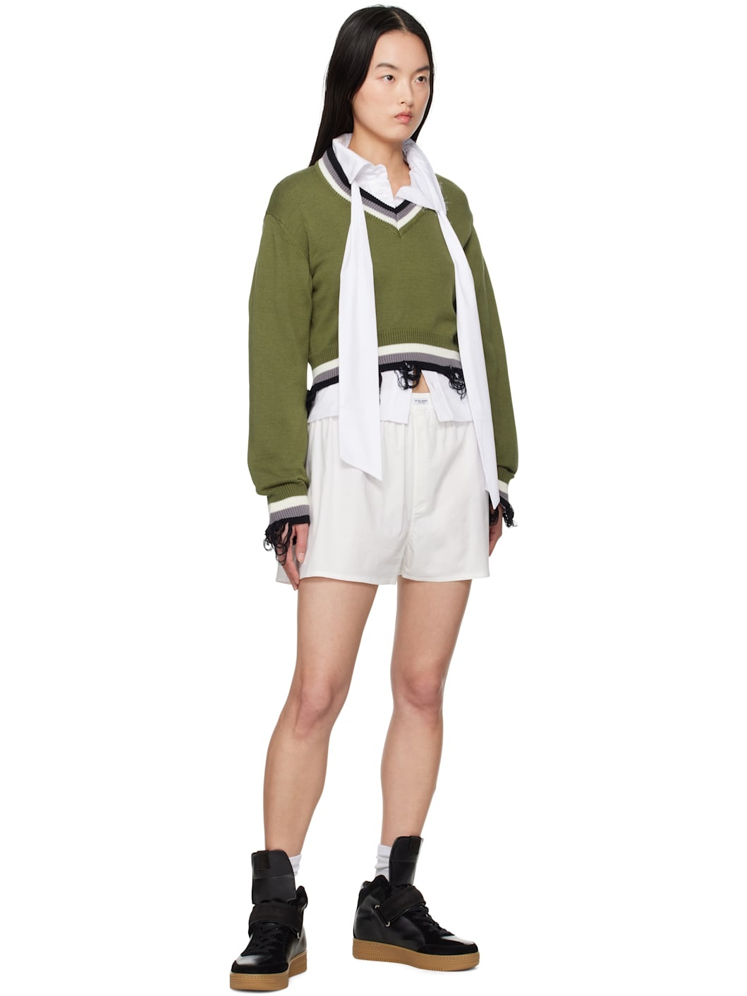 Green Cropped V-neck Sweater - 5