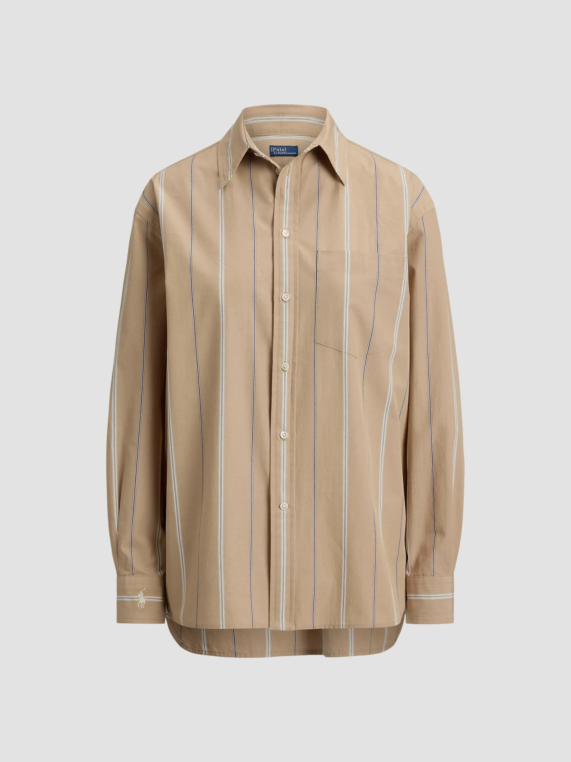Women's Oversized Striped Cotton Button-Front Shirt - Tan Cream - 1