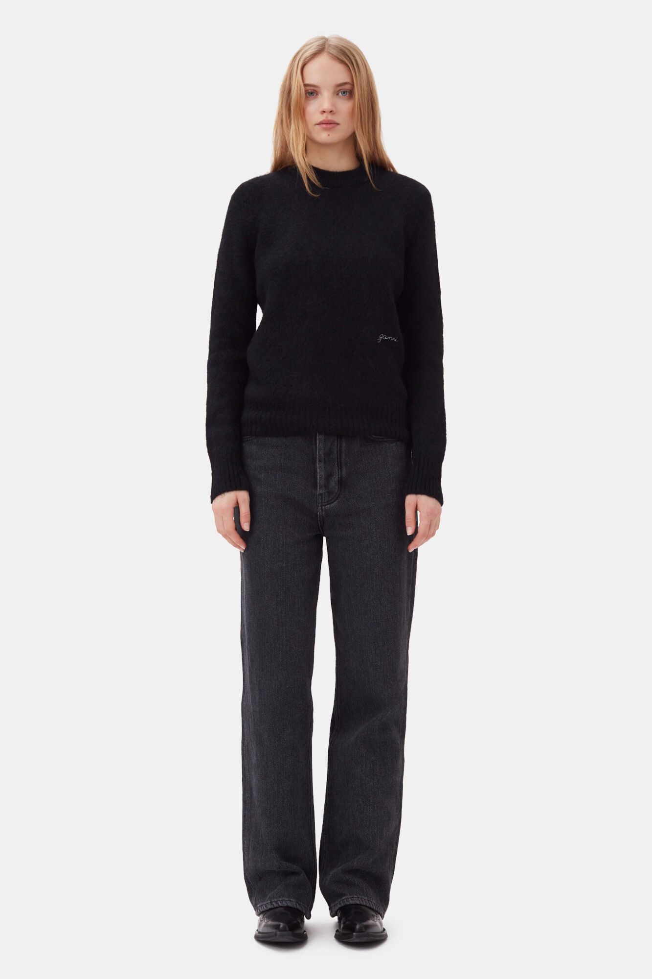 BLACK BRUSHED ALPACA O-NECK SWEATER - 4
