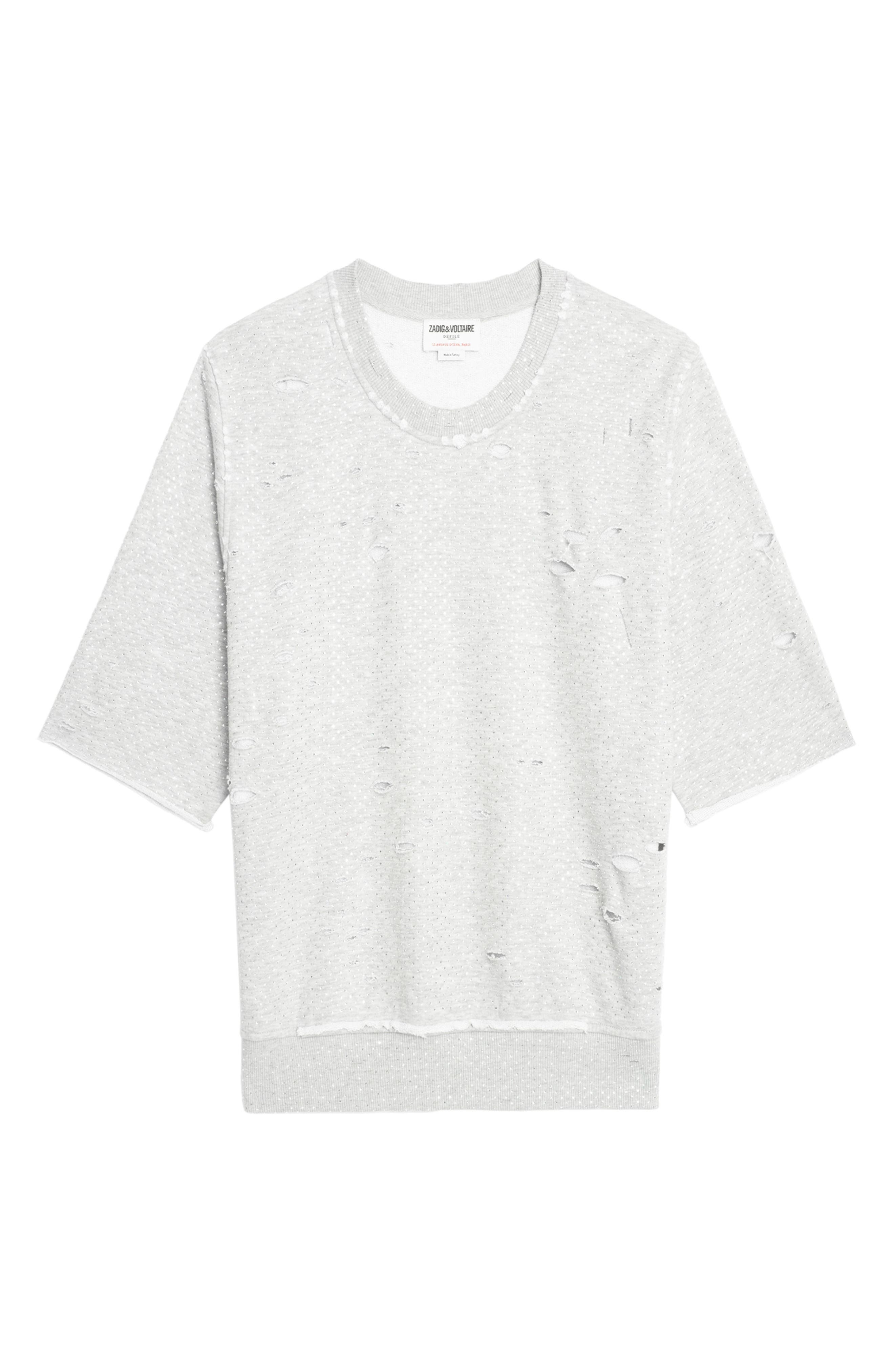 Zadig & Voltaire Edmond Rhinestone Destroyed Sweatshirt in Gris Chine at Nordstrom - 5