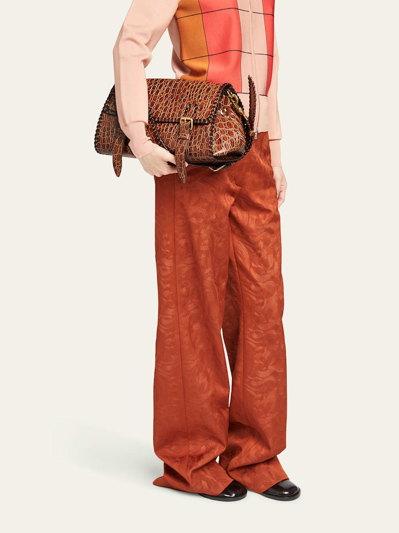 Dries Van Noten Medium Double Buckle Croc-Embossed Messenger Bag outlook