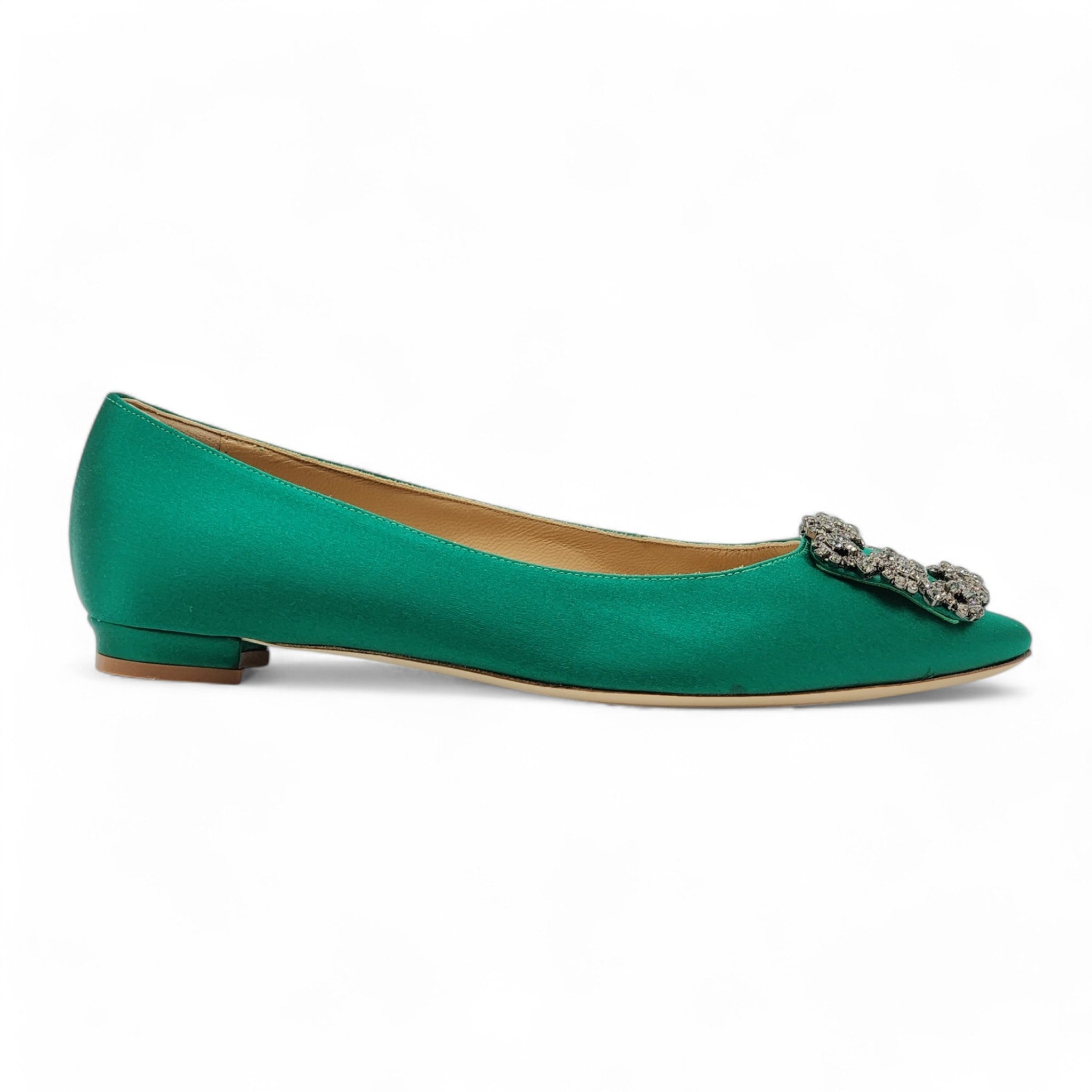 Manolo Blahnik Hangisiflat Jewel Buckle Flat Pumps - Satin - Green 36 - 2