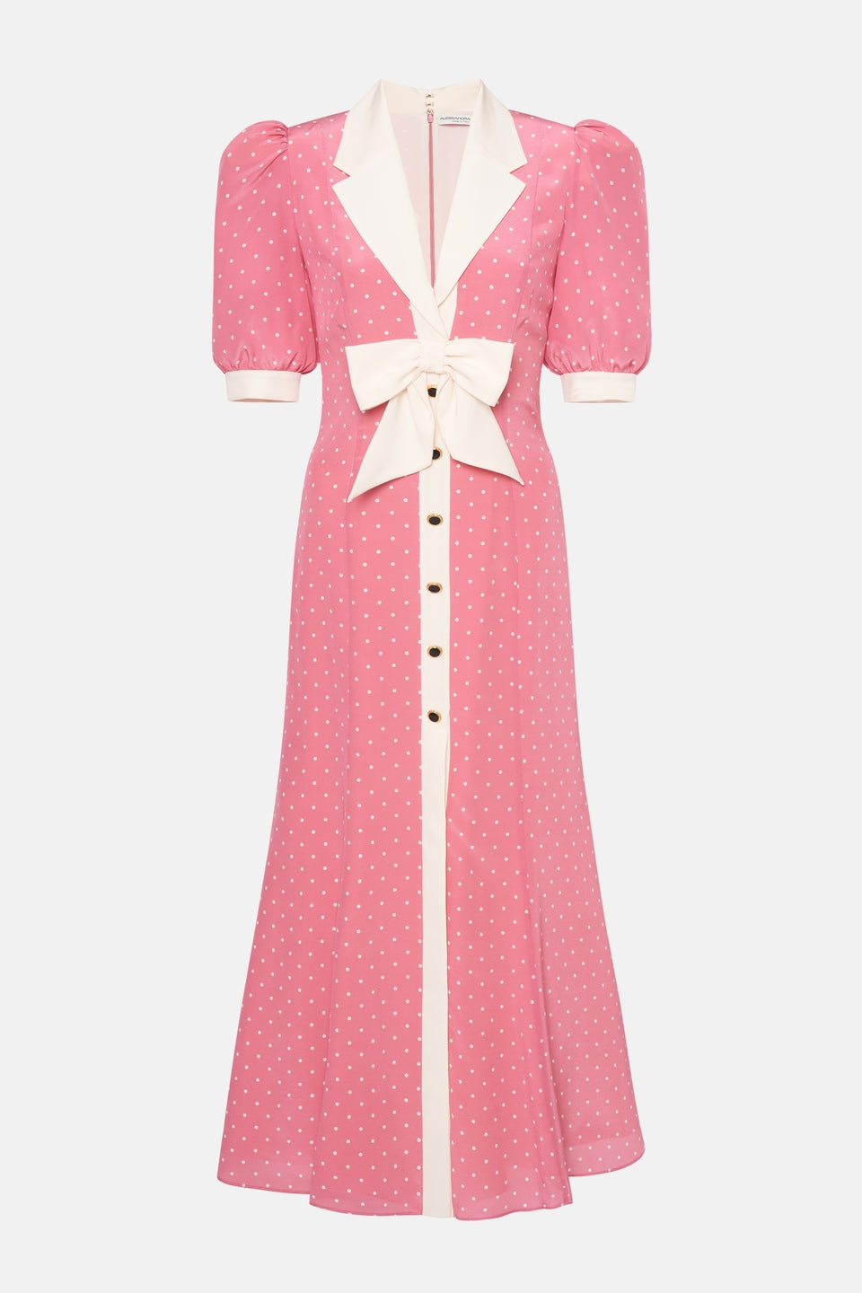 POLKA DOT PRINT SILK DRESS W/ JWL BUTTONS AND BOW - 1