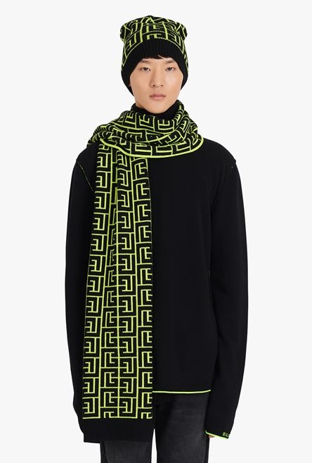 Capsule After ski - Neon yellow and black wool scarf with Balmain monogram pattern - 2