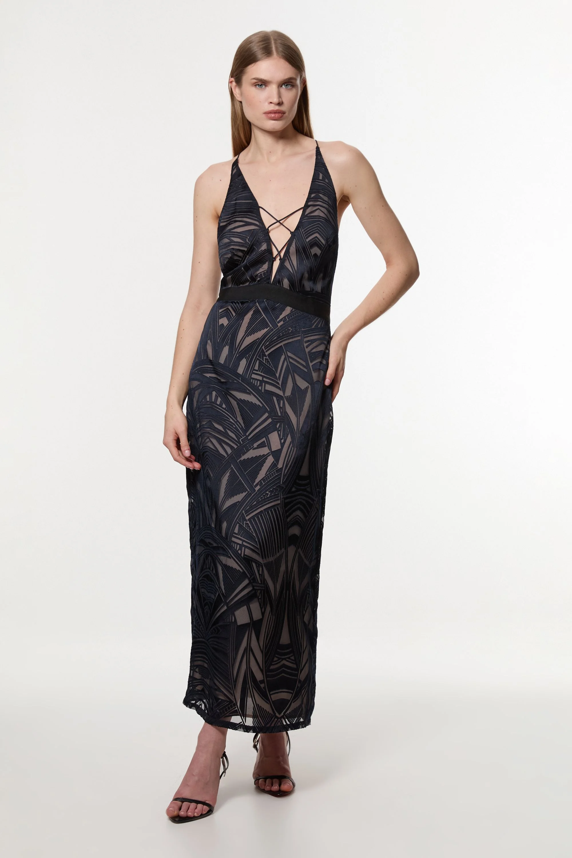 Amelia Graham Burnout Lace Up Detail Woven Column Dress - 1